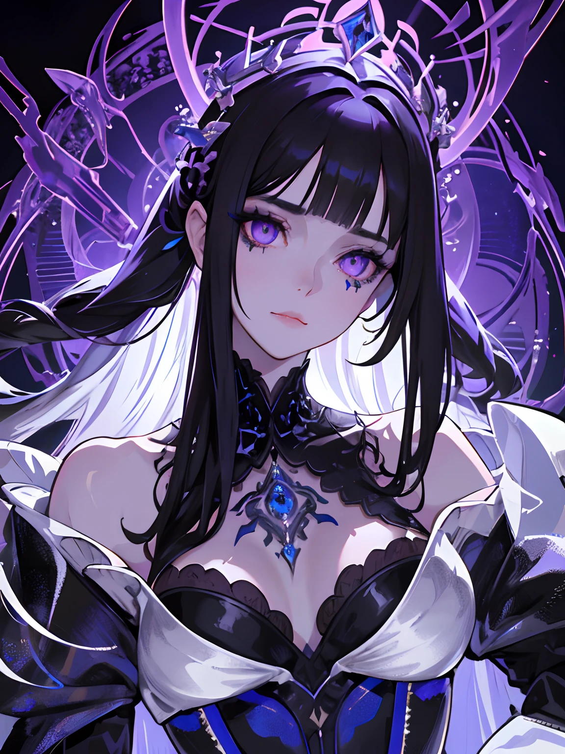 ((masterpiece, best quality)), (1girl), (solo), (female focus), (dark hair, long hair), purple eyes, arms behind back, sad eyes, cold facial expression, cold look, gothic dress, pale skin, colour grading, dark illustration, extreme quality, radiant, extremely detailed, ultra-detailed face, ultra hd 8k, ultra digitality, mythical, dark lightning, perfect face, beautiful, (perfect composition: 1. 4), detailed face and body, award-winning photography , fields, detailed face, detailed hands, looking at the viewer, cinematic lighting, embers, fantasy background, water splashes, foggy haze, (necromancer), (villain), faux traditional media, (masterpiece, best quality, ultra-detailed, best shadow), (beautiful detailed face, feminine features), (best illumination), ((cinematic light)), colorful, hyper detail, dramatic light, intricate details, (dark circle under eyes), gothic, decadence, stunning, eerie