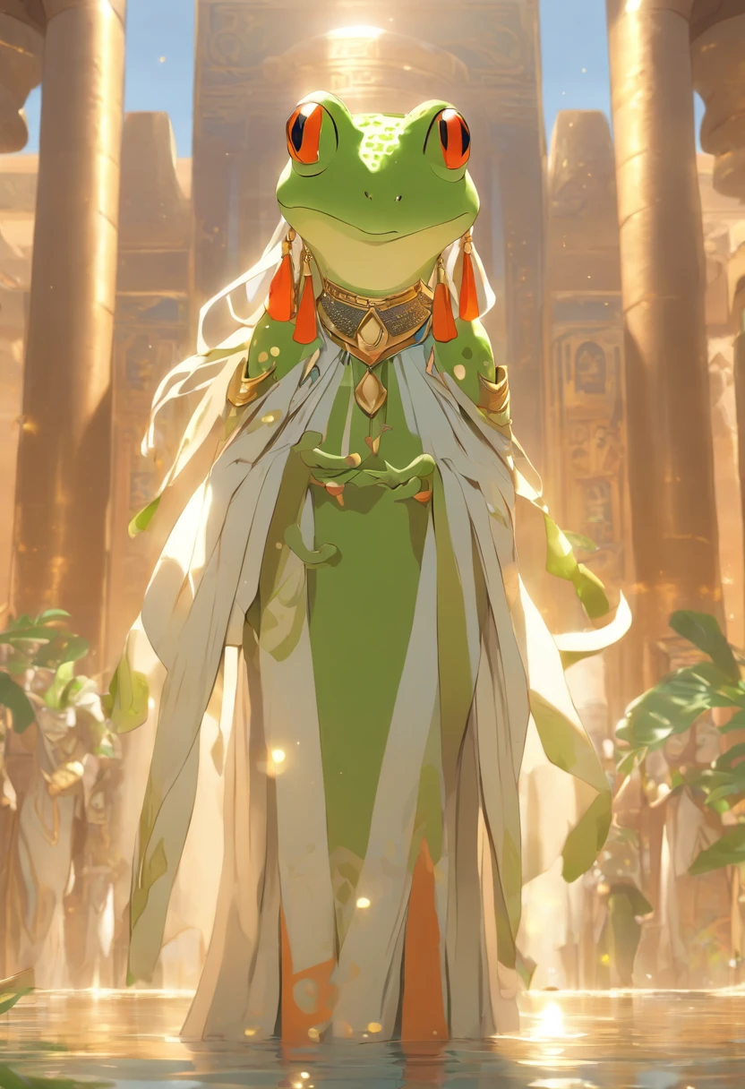 (((Frog head))) best quality, very high resolution, 4K detailed CG, masterpiece, Egyptian mythology, HEQET,woman, sun in the background, Ancient Egypt, standing pose, white clothes, Egyptian clothes, temple Egyptian, desert, Ancient Egypt, ((Frog Goddess)), Egyptian palace, aesthetics, beautiful image, centered on screen, standing pose