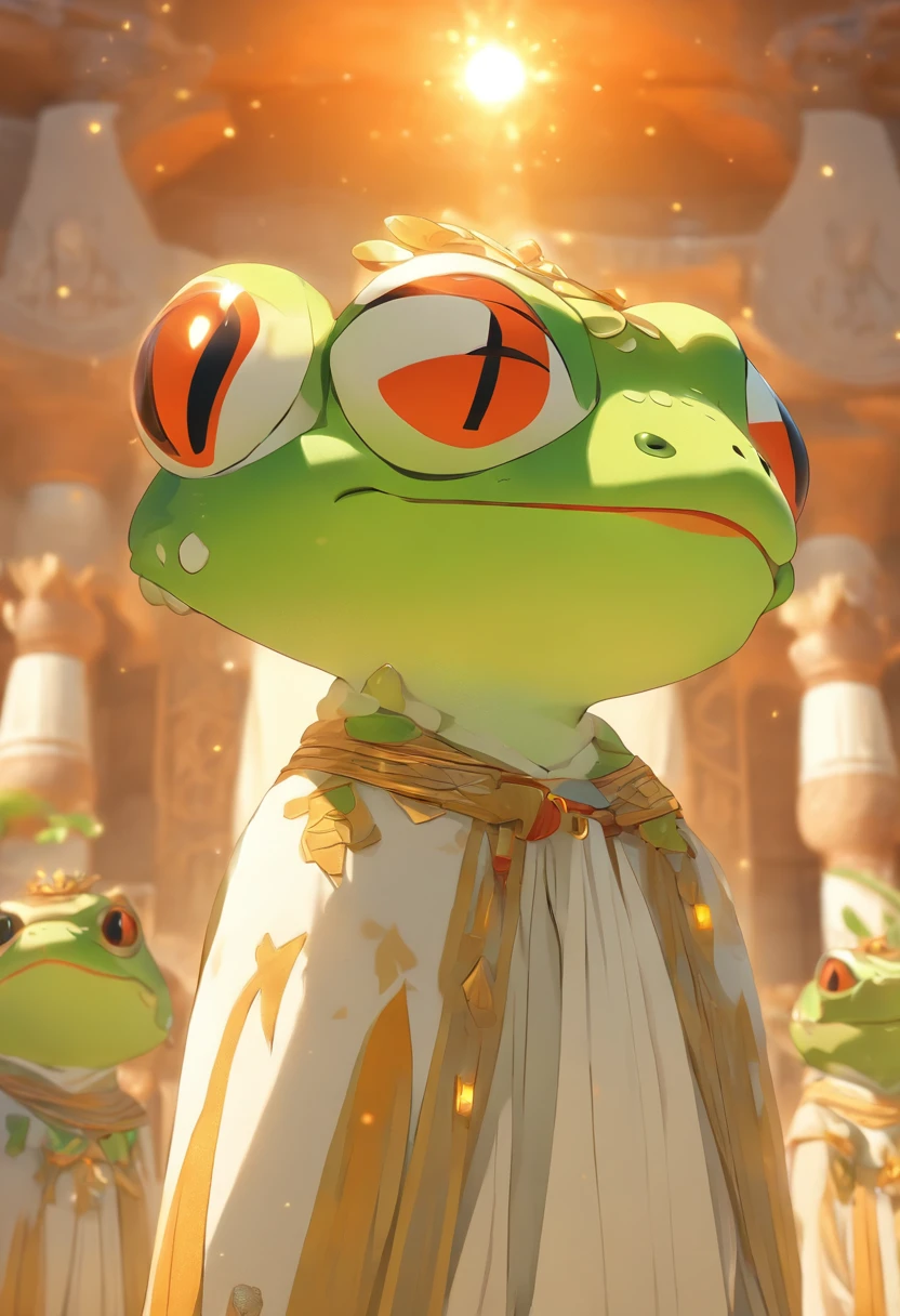 (((Frog head))) best quality, very high resolution, 4K detailed CG, masterpiece, Egyptian mythology, HEQET,woman, sun in the background, Ancient Egypt, standing pose, white clothes, Egyptian clothes, temple Egyptian, desert, Ancient Egypt, ((Frog Goddess)), Egyptian palace, aesthetics, beautiful image, centered on screen, standing pose