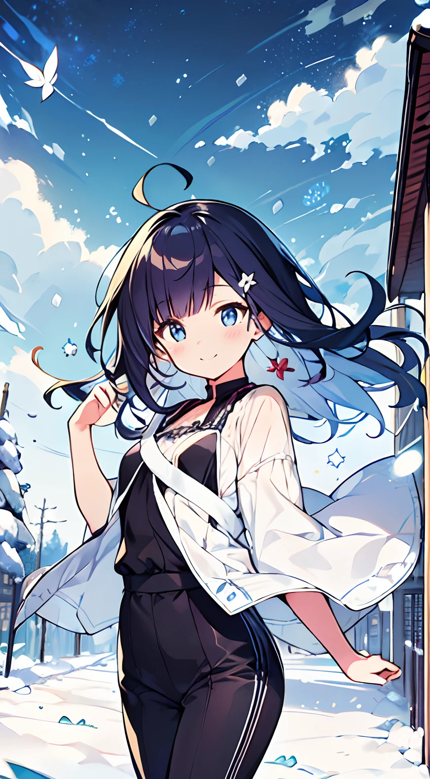 masutepiece, Best Quality,Illustration, Wallpaper, ultra -detail, Absurd beauty, 1beautiful girl、Bright hair color、Glitter and big eyes、Hair fluttering in the wind、ample breasts、♡、Smaller head、Winter scene、miscievous smile