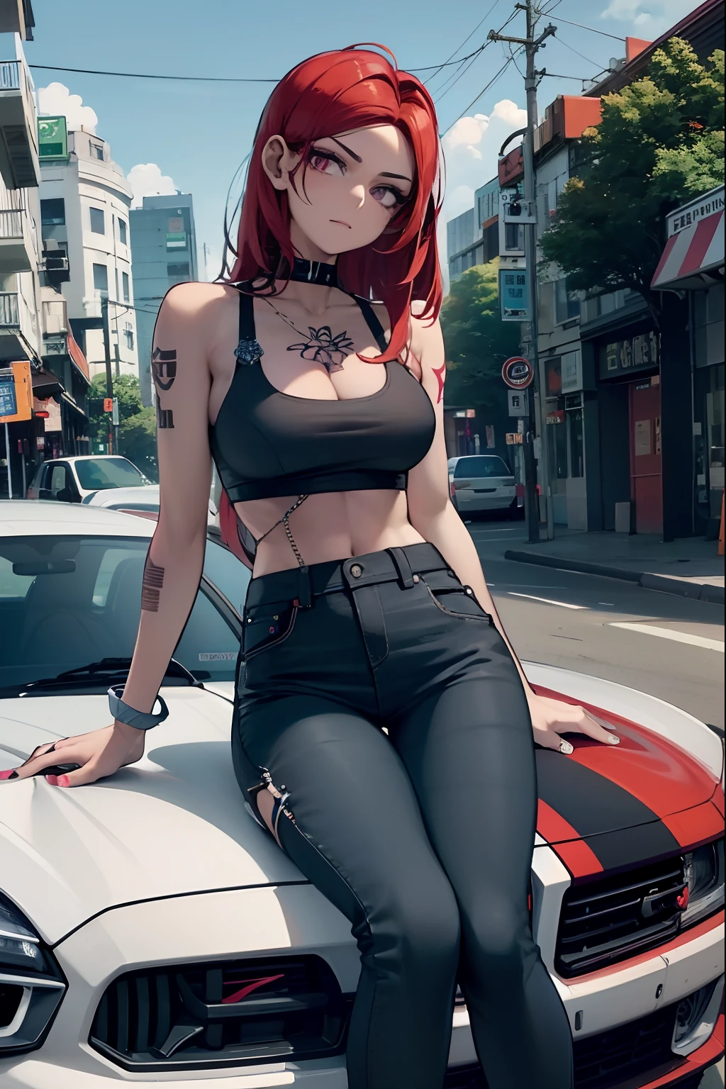 Mulher ruiva, Tattoos on the arm, Sitting on the hood of a car in a city, estilo de arte anime, anime girl. 4k anime, san francisco city, anime style