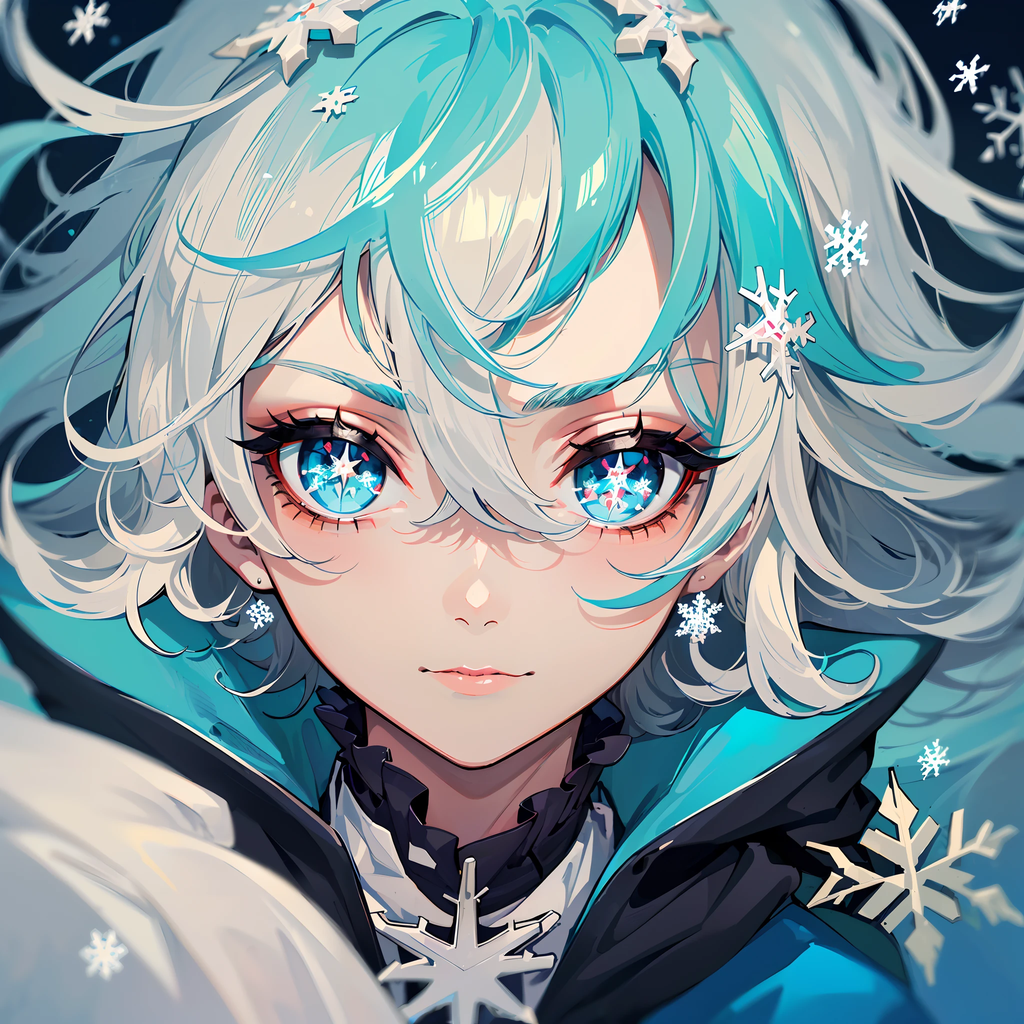 (Best quality),indian, ((cold look)), ((((Guy, agers)) with white hair, rough hair, handsome, 5'8, white hair, cyan ombre,)) ((close up)), highly detailed eyes, ((detailed eyes, (((snowflake shaped pupils))))), high-resolution, masterpiece,