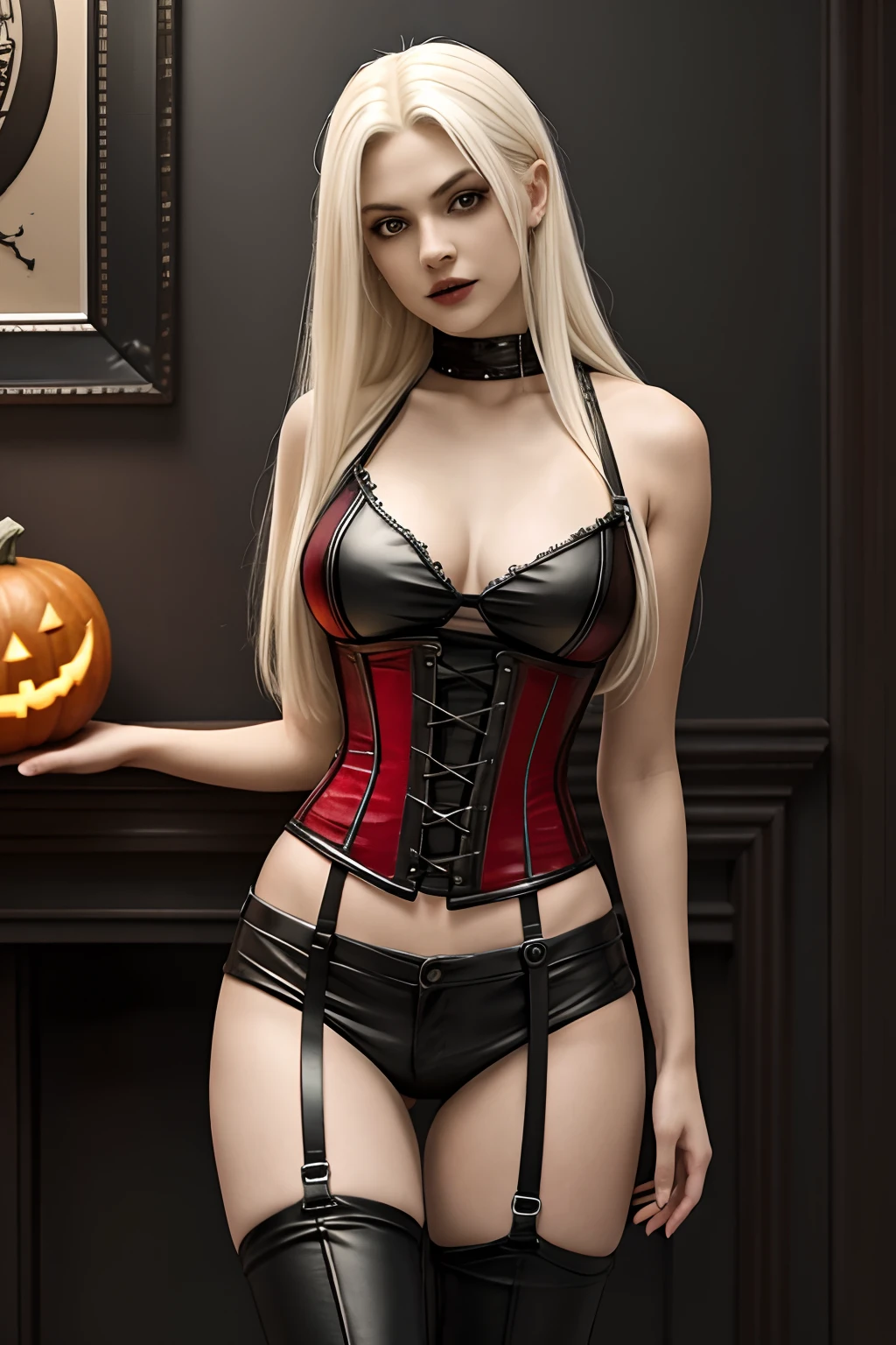 1girl in, age19, Solo, Aesthetic artwork, platinum blonde hair, long straight hair, detailed hair, full c cup breasts, c-cup, slender body, Full body, detailed skin texture, in a bloodrayne costume, blood Rayne, vampire Hunter costume, black and red leather corset tank top, black and red leather pants,  Halloween decorations, jack-o'-lantern, (extremely detailed 8k wallpaper), soft lighting, high quality, film grain, Fujifilm XT3 sharp focus, f 5.6, 50mm, High Detail, Sharp focus,(natural light), (seductive), Realistic, ultra realistic, photo realistic