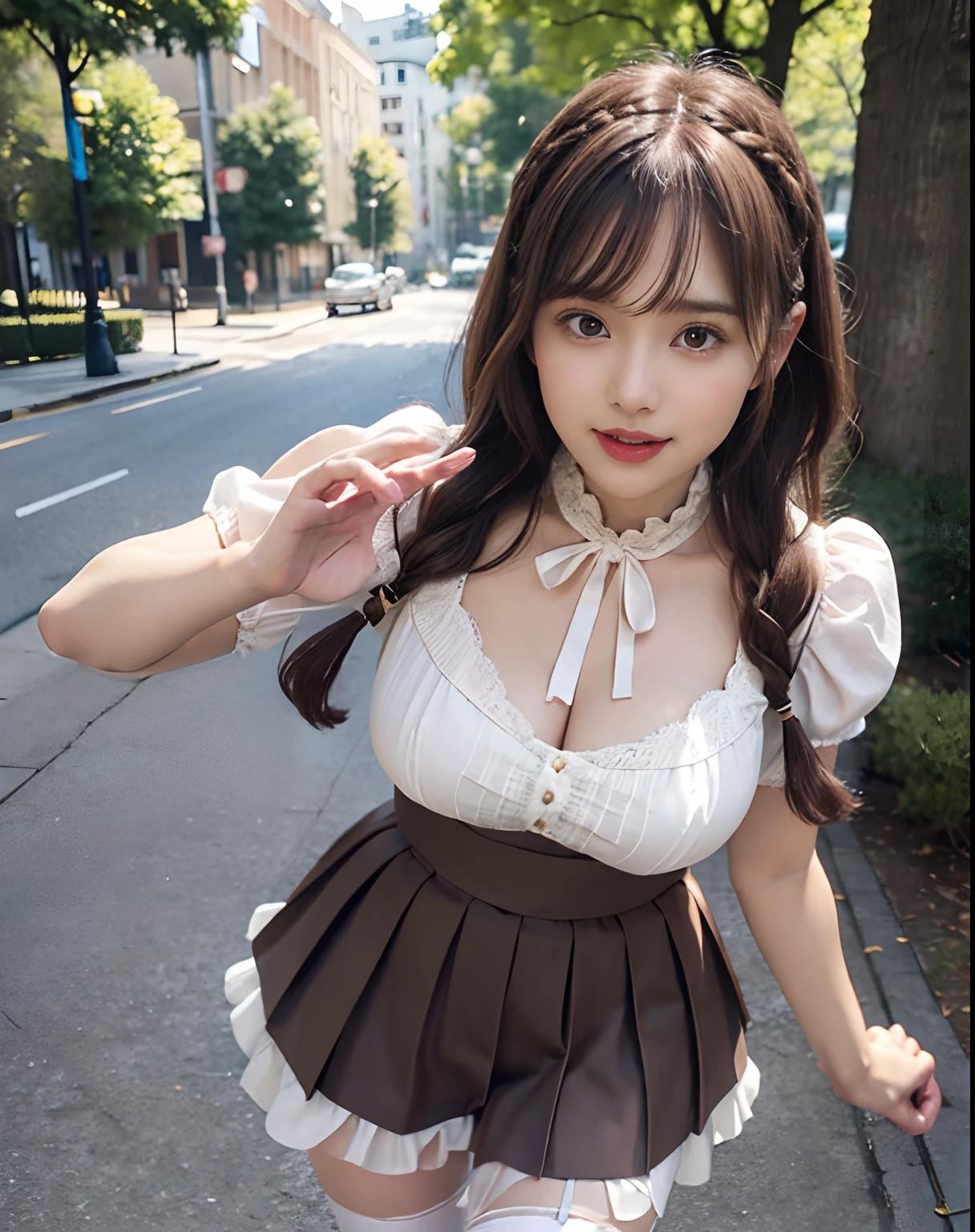 More skin, toView, Brown-eyed, (Light Brown Fringe Hair:1.2),Braided hair、The long-haired、(Photorealsitic:1.4), Shadow、Golden Ratio Face、Detailed eyebrows、A detailed eye、Detailed nose、Detailed mouth、(Top image quality:1.0), (超A high resolution:1.0), 8K, Raw photography, (masterpiece:0.2), (pureerosface), cathedral、Stand Glass, (Pink damask pattern vintage flare dress:1.3,Knee-high stockings, The skirt is fluttering、Hold the edge of the skirt with your hand、White panties in the skirt are visible、large full breasts, Coordinated breasts, ssmile,(Bright lighting:1.2)