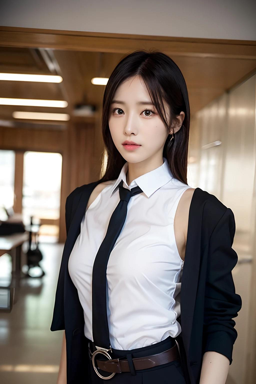 (masutepiece:1.2),High quality,vivd colour,flat-colors,Deep Depth Of Field,Lens Flare,1 girl,Black hair,eyecontact,Suit,Collared shirt,Belt bag,suspenders,Professional,Office Lady,Mature Women,Black Suit,Black jacket,Gaze,ample bosom,Armpit sweat,Exposing the armpits"Pichi Pichi clothes Cutter shirt large full breasts ceiling Along the wall Black jacket