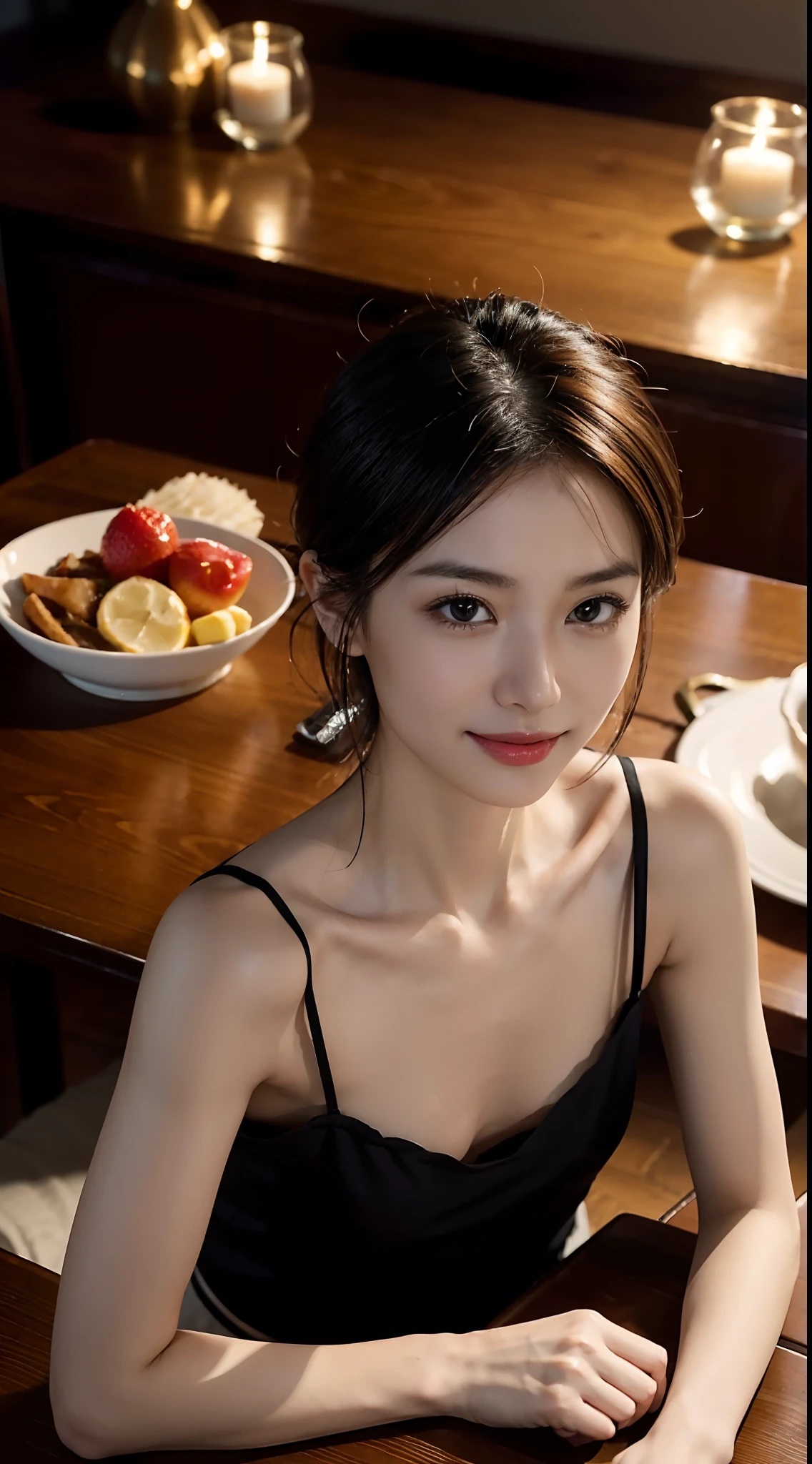 (((best quality))),(((ultra detailed))),(((masterpiece))),illustration,((1girl,solo)),(straight black bob hair:1.2),((slim,thin)),((small breasts,flat chest)),sitting,(in KFC:1.3), (burgers and drink on the table:1.2),((strapless white bra)), clean, fresh, bright face, sparkling eyes, rosy cheeks, beautiful smile, white teeth, neatly combed hair,sexiness,visible, natural, carefree,bustling restaurant, other customers, enjoying meals, chatting, bright lighting, warm atmosphere, joy, relaxation, cute appearance, carefree attitude, visually appealing, heartwarming,((close-up of face,from front))