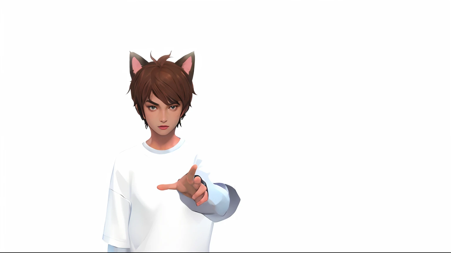There's a girl named Lila with cat ears pointing at something, com orelhas de gato, com o dedo indicador, com orelhas pontudas, emo com orelhas de gato, menina com orelhas de gato, orelhas de gato, default pose neutral expression, orelhas de lobo, inspirado em estilo Cowboy Bebop