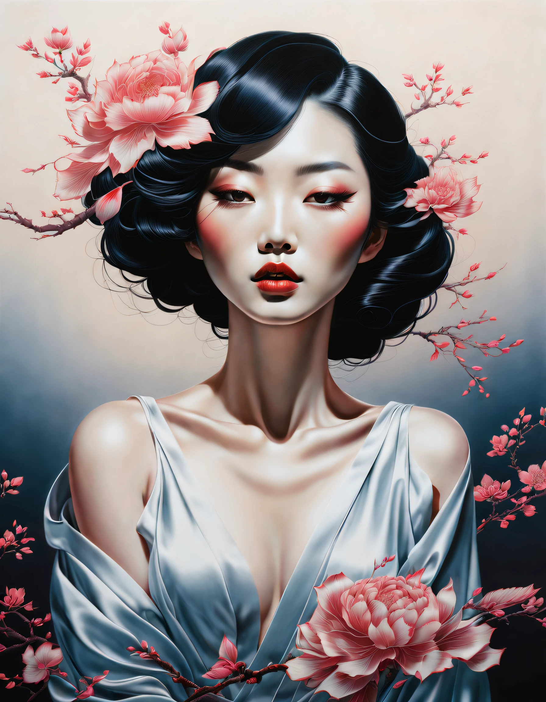 chiaroscuro technique on sensual illustration of an elegant asian, vintage , matte eerie, silky matte painting, by Hannah Dale, by Harumi Hironaka, extremely soft colors, vibrant, highly detailed, digital artwork, high contrast, dramatic, refined, tonal, Focus on touch, connection, and relaxation