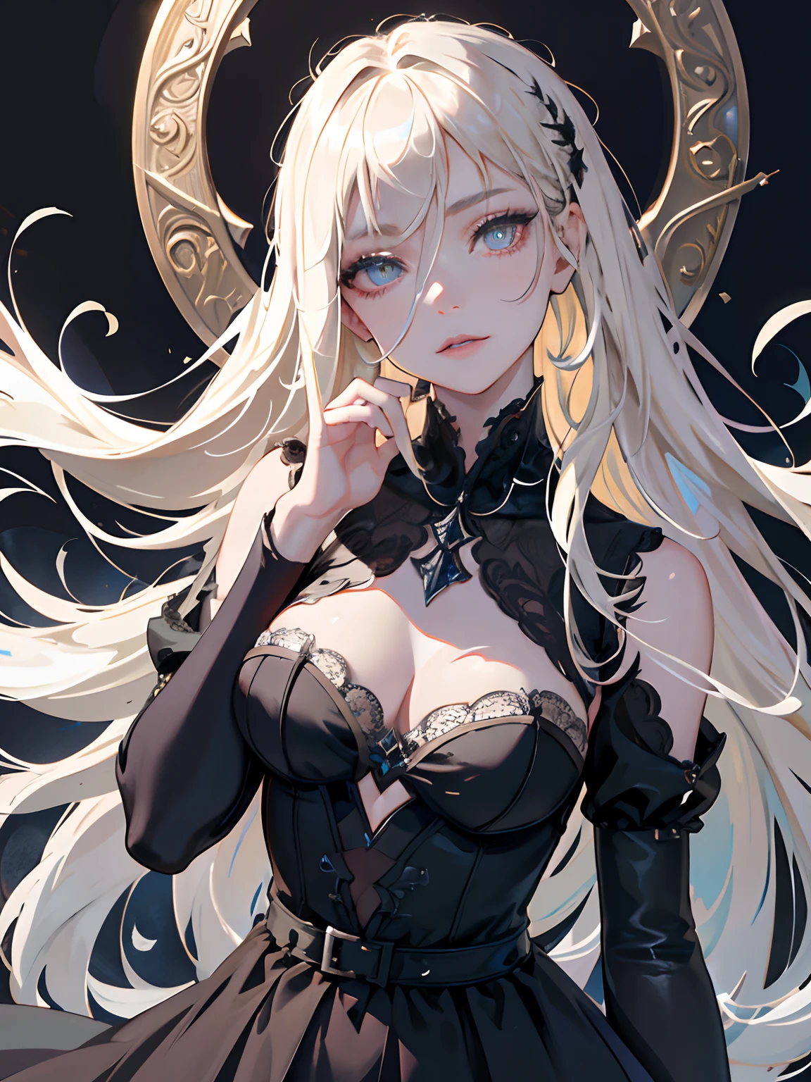 ((masterpiece, best quality)), (1girl), (solo), (female focus), (ash blonde hair, long hair), green eyes, arms behind back, sad eyes, cold facial expression, cold look, gothic dress, pale skin, colour grading, dark illustration, extreme quality, radiant, extremely detailed, ultra-detailed face, ultra hd 8k, ultra digitality, mythical, dark lightning, perfect face, beautiful, (perfect composition: 1. 4), detailed face and body, award-winning photography , fields, detailed face, detailed hands, looking at the viewer, cinematic lighting, embers, fantasy background, water splashes, foggy haze, (necromancer), (villain), faux traditional media, (masterpiece, best quality, ultra-detailed, best shadow), (beautiful detailed face, feminine features), (best illumination), ((cinematic light)), colorful, hyper detail, dramatic light, intricate details, (dark circle under eyes), gothic, decadence, stunning, eerie