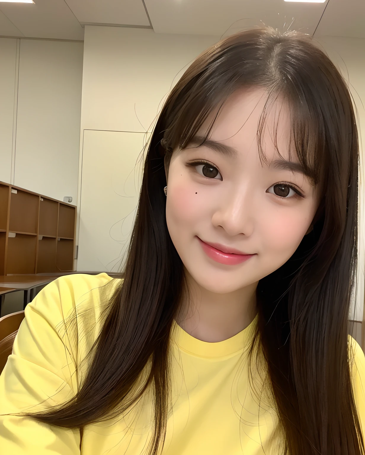 njminji, ((a beauty girl on cute pose)), ((detailed face)), (pored skin), (photo realistic), shot on 70mm lens, fujifilm tone, ((blurry background)), (natural light), portrait, full smile, blank background, (flawless), No bangs, Instagram selfie,  in lecture hall, staring at viewer, yellow t-shirt,
