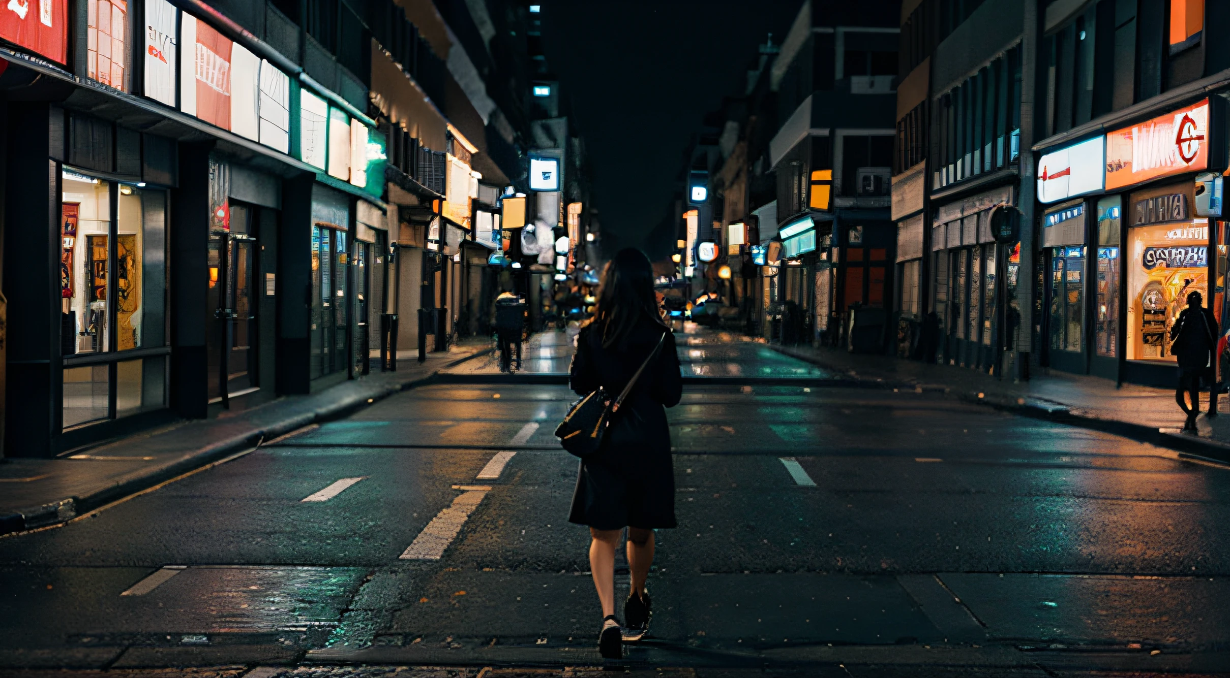 woman walking alone in a big street with no people at night