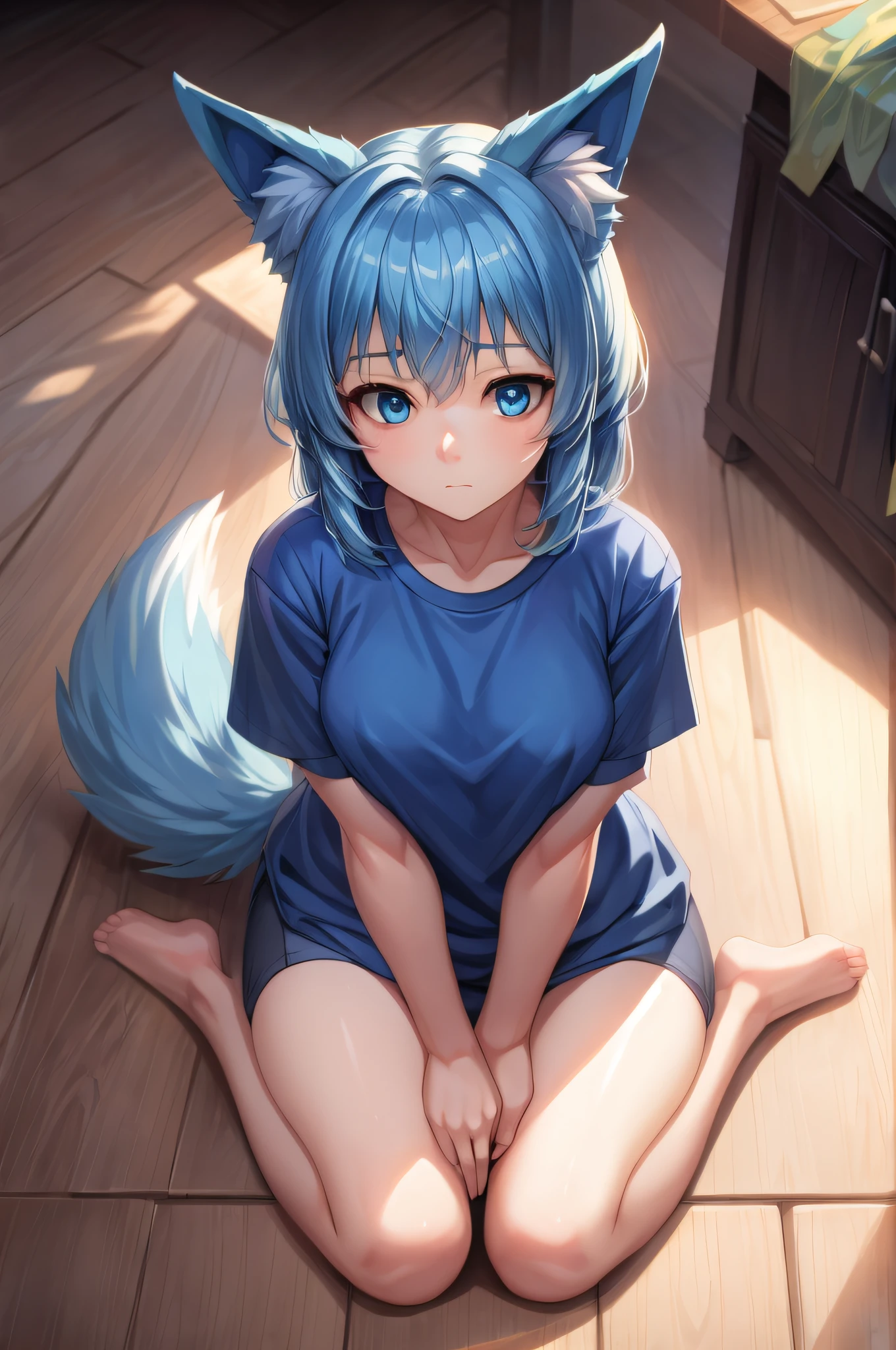 (Masterpiece) (High Detail) (High Res) A short humanoid girl with pale human skin and blue eyes and long blue hair and blue dog ears and a fluffy dog tail is wearing only an oversized t-shirt, kneeling on a floor looking up at the viewer with her head tilted to one side, looking confused.