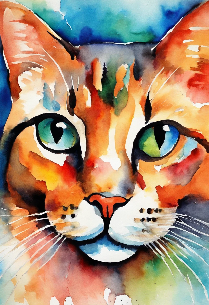 Cute cat face painting,, On a colorful background, abstracted , Abstract portrait, Stylized face, pop art painting, Expressive detail face, Expressive cat, inspired by Picasso, pop art painting, Beautiful expressive painting, in the Picasso style, cubism style