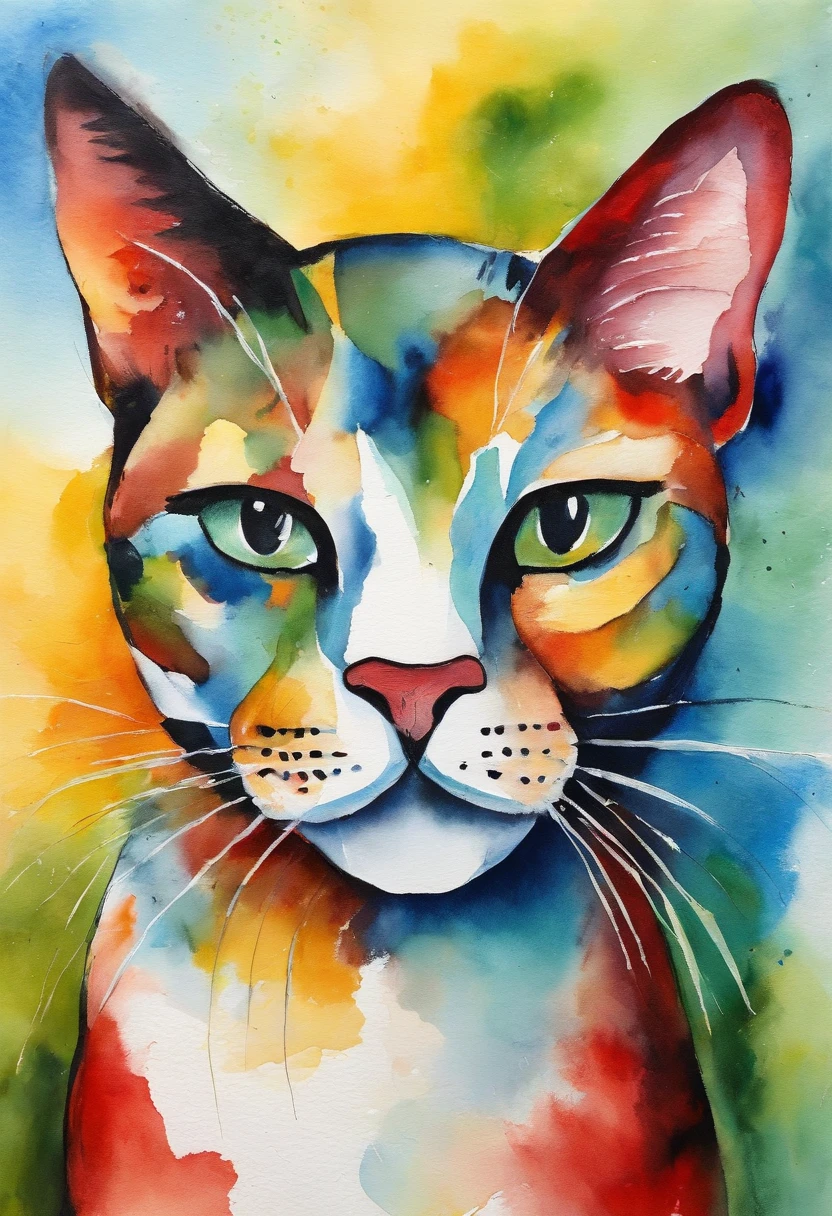 Cute cat face painting,, On a colorful background, abstracted , Abstract portrait, Stylized face, pop art painting, Expressive detail face, Expressive cat, inspired by Picasso, pop art painting, Beautiful expressive painting, in the Picasso style, cubism style