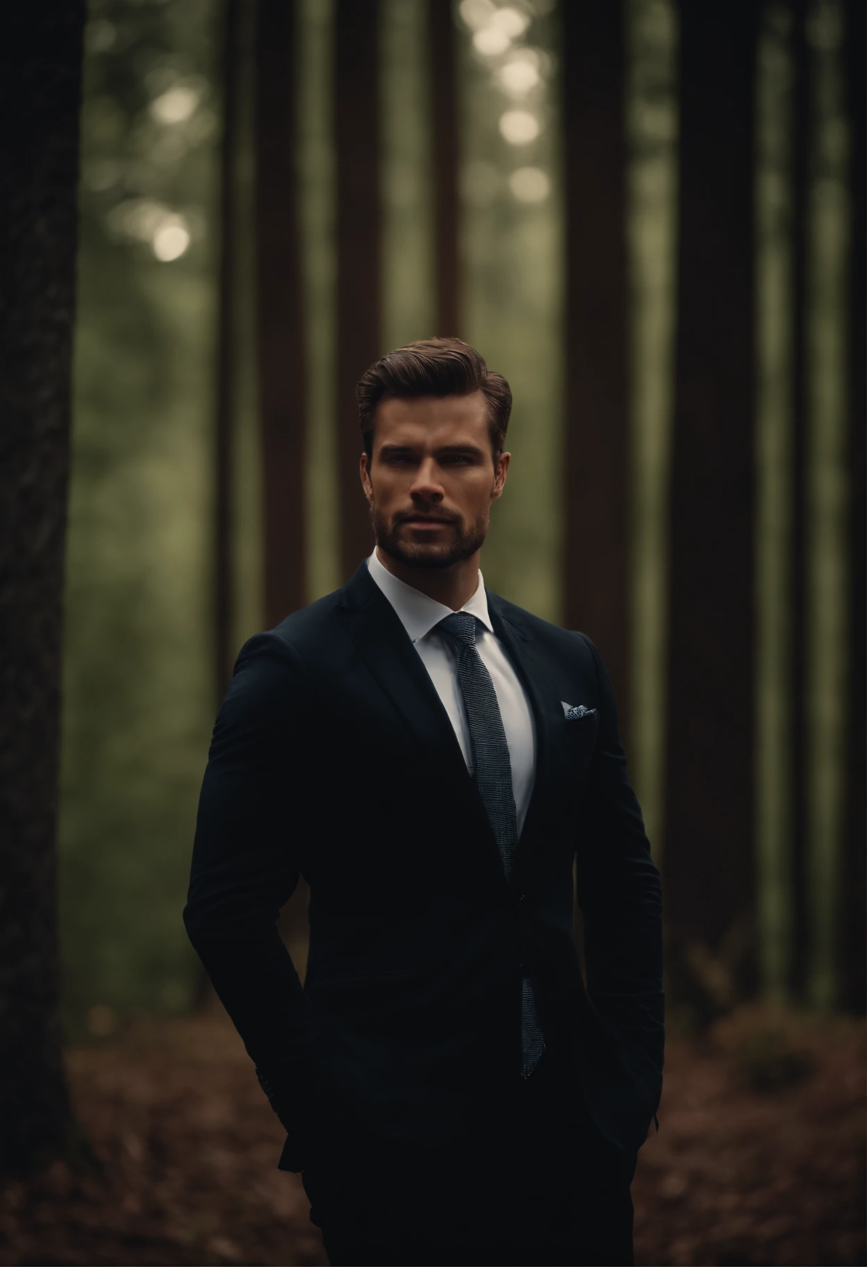 Generate me a realistic handsome goss businessman in portrait,There will be a forest in the background