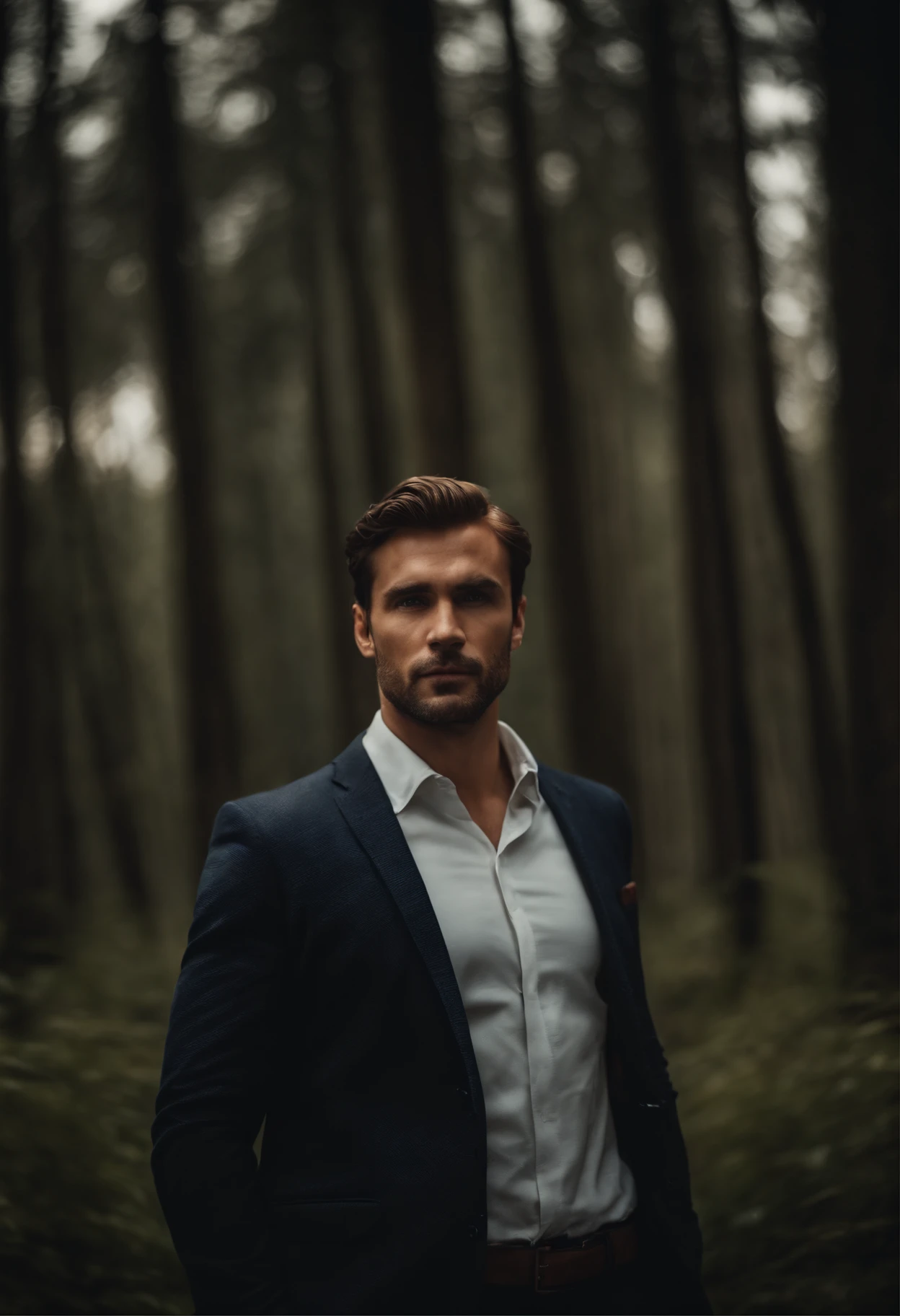 Generate me a realistic handsome goss businessman in portrait,There will be a forest in the background