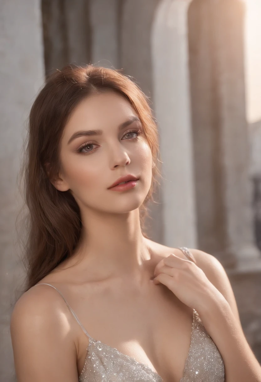 ((highest quality, 8K, masterpiece: 1.3)), sharp focus: 1.2, Beautiful woman (european) with a perfect body: 1.4, goddess: 1.2, ((layered haircut, very small breasts: 1.2)), (No bra) (small and beautiful hard nipples) (thin, buttons wet to shirt length: 1.1), Highly detailed face and skin texture, fine eyes, double eyelid, sunburned skin, sexy, tan, perfect skin, exposed shoulders,  neckline, on the road