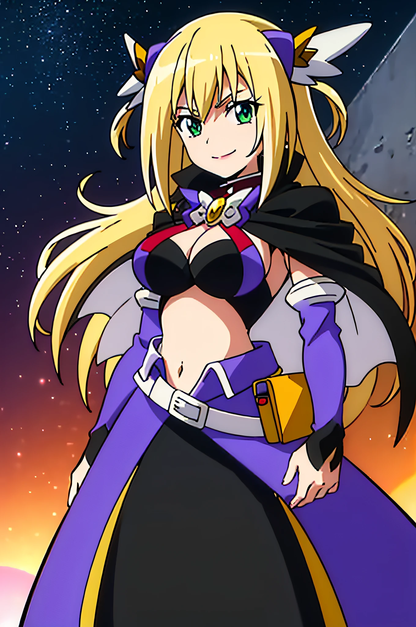 ERIS-TMS, CASUAL OUTFIT, HAIR ORNAMENT, CAPE, BROOCH, DETACHED SLEEVES, SKIRT, BELT, TIGHT, 1girl, solo, facing viewer, looking at viewer, smile.