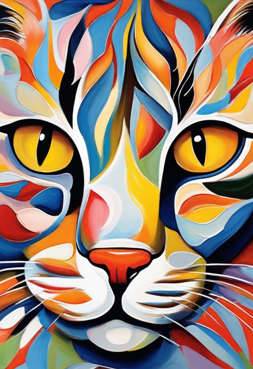 Cute cat face painting,,Thick oil art,On a colorful background, abstracted , Abstract portrait, Stylized face, pop art painting, Dripping paint,Expressive detail face, Expressive cat, inspired by Picasso, pop art painting, Beautiful expressive painting, in the Picasso style, cubism style