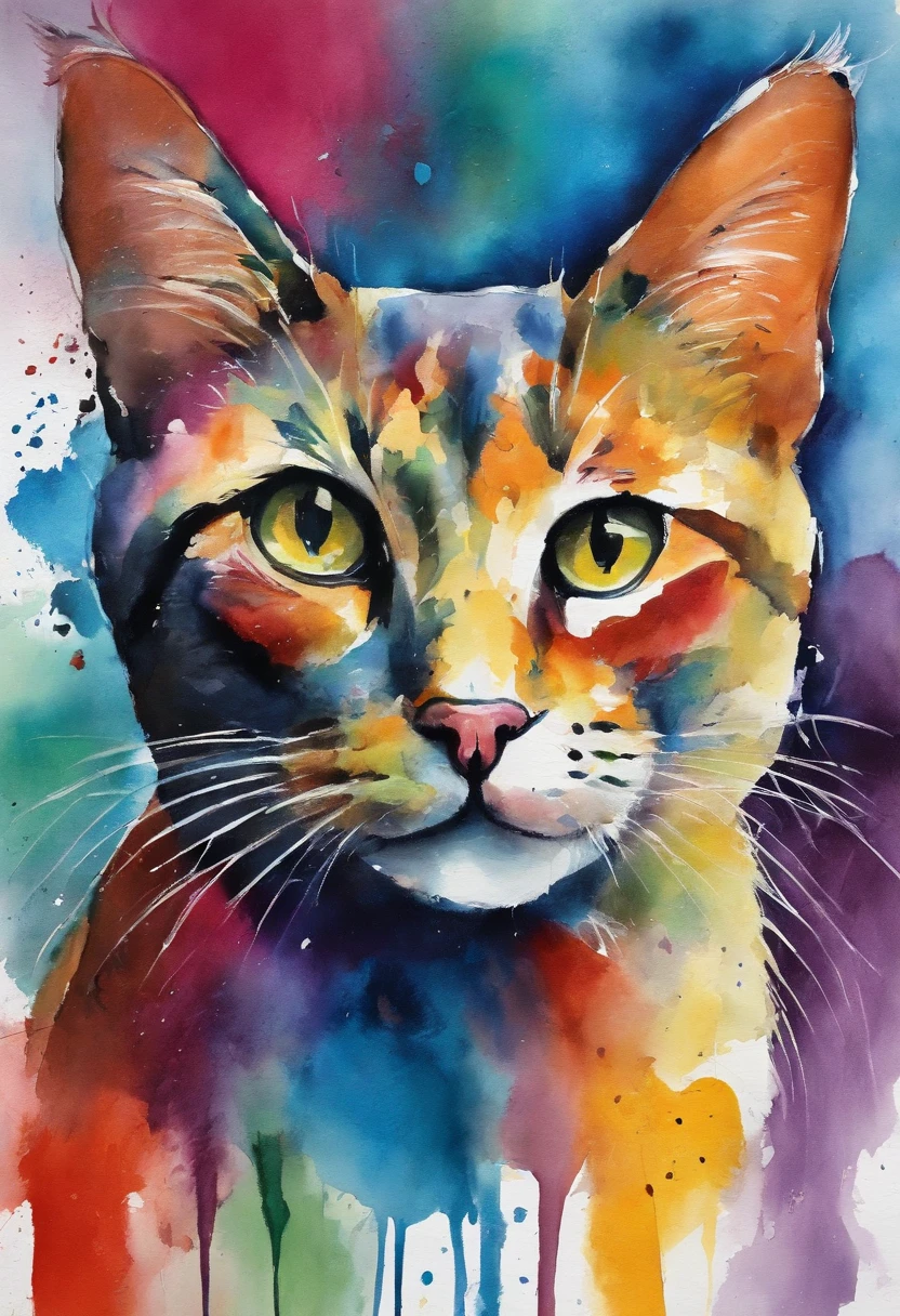 Cute cat face painting,,Thick oil art,On a colorful background, abstracted , Abstract portrait, Stylized face, pop art painting, Dripping paint,Expressive detail face, Expressive cat, inspired by Picasso, pop art painting, Beautiful expressive painting, in the Picasso style, cubism style