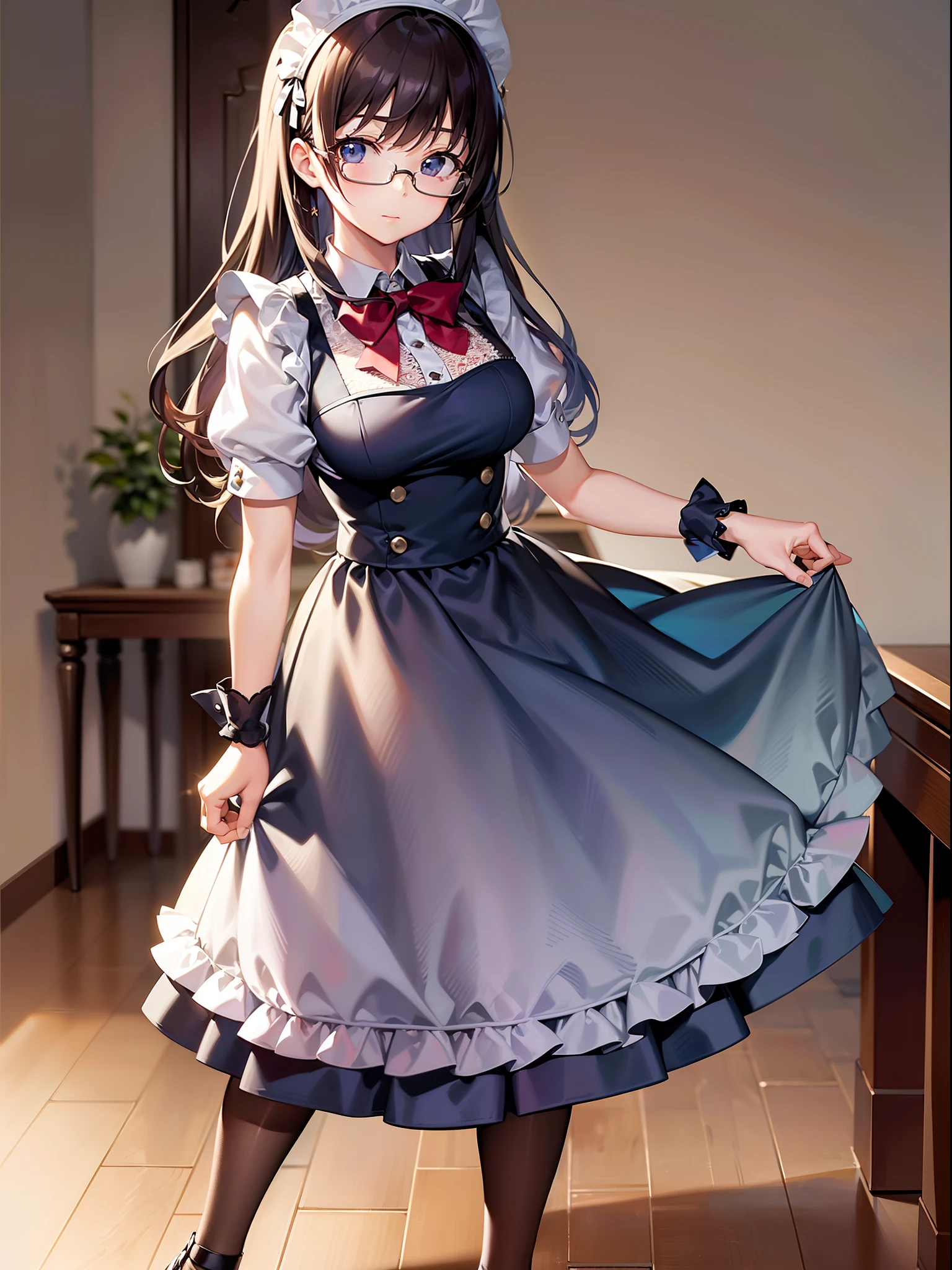 ((Finest quality)),(超A high resolution),(ultra-detailliert),((Best Anime)),sharpnes,clear,The Art of Phenomenal Depictions,Classy atmosphere:1.5,(1 adult female),(Maids,Under-rim glasses:1.5,long  skirt,pinafore),Say hello:1.3
