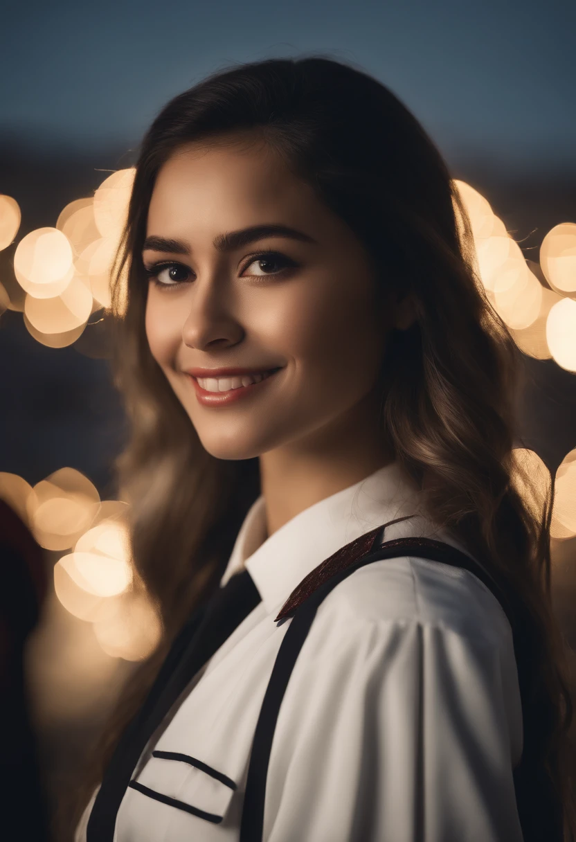 schoolgirls, Flowing black blonde hair, Black eyes, white imperial outfit, Open neckline, a picture, The background is a clear sky and twinkling lights, ssmile