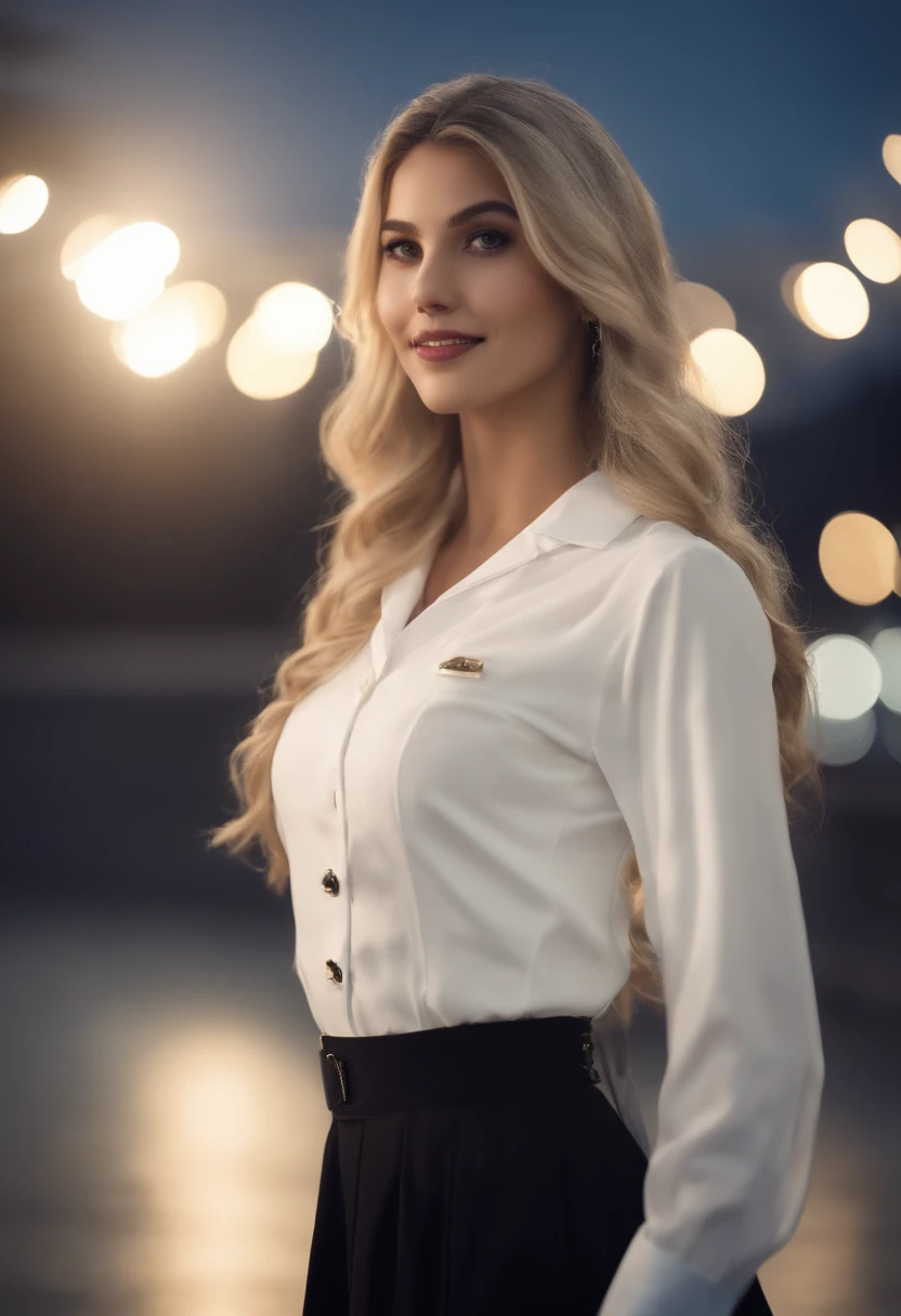 schoolgirls, Flowing black blonde hair, Black eyes, white imperial outfit, Open neckline, a picture, The background is a clear sky and twinkling lights,  ssmile