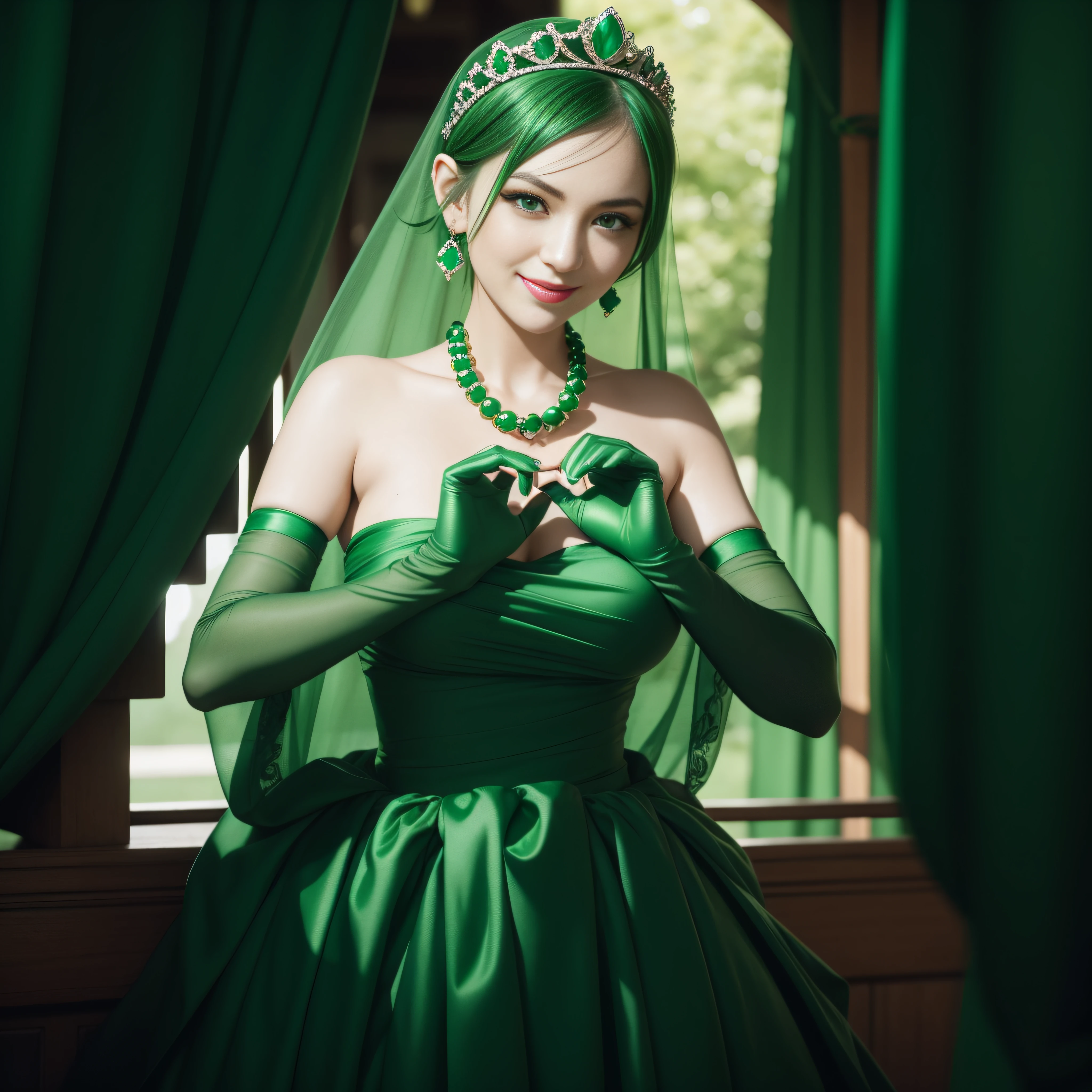 emerald tiara, Green Pearl Necklace, Boyish very short green hair, lipsticks, Japan woman smiling, very short short hair,  big breasts beautiful, Green eyes, Long green gloves made of satin material, Green eyes, Emerald Earrings, green vale, Heart with both hands