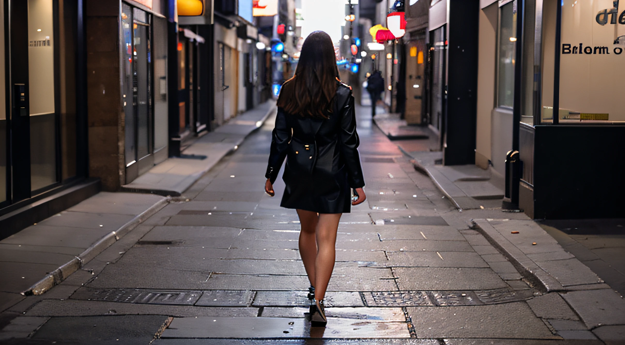 beautiful american woman walking alone in a big street's pavement with no people at night