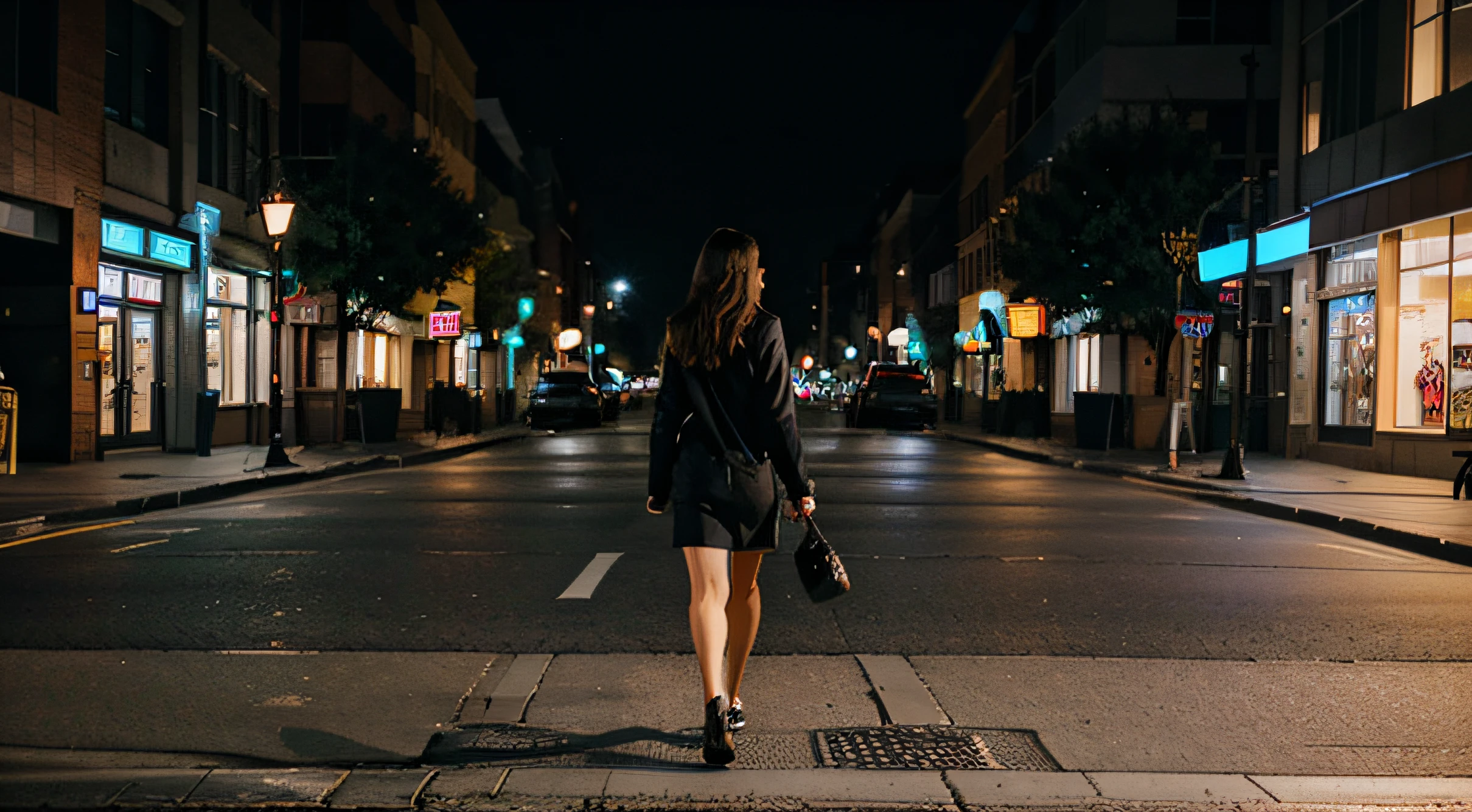 beautiful american woman walking alone in a big street's pavement with no people at night
