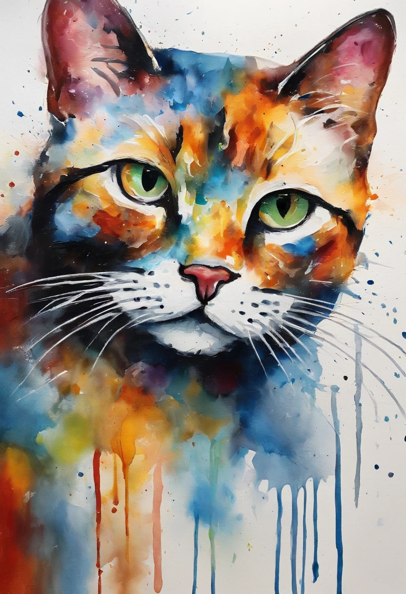 Cute cat face painting,,Thick oil art,On a colorful background, abstracted , Abstract portrait, Stylized face, pop art painting, Dripping paint,Expressive detail face, Expressive cat, inspired by Picasso, pop art painting, Beautiful expressive painting, in the Picasso style, cubism style