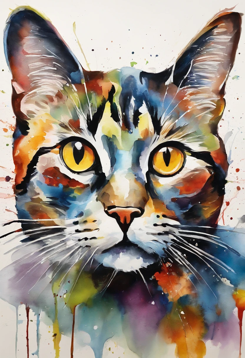 Cute cat face painting,,Thick oil art,On a colorful background, abstracted , Abstract portrait, Stylized face, pop art painting, Dripping paint,Expressive detail face, Expressive cat, inspired by Picasso, pop art painting, Beautiful expressive painting, in the Picasso style, cubism style