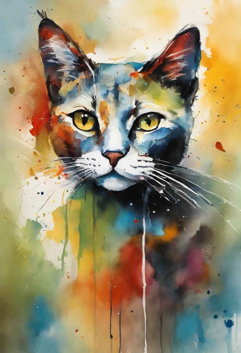 Cute cat face painting,,Thick oil art，On a colorful background, abstracted , Abstract portrait, Stylized face, pop art painting, Dripping paint，Expressive detail face, Expressive cat, inspired by Picasso, pop art painting, Beautiful expressive painting, in the Picasso style, cubism style