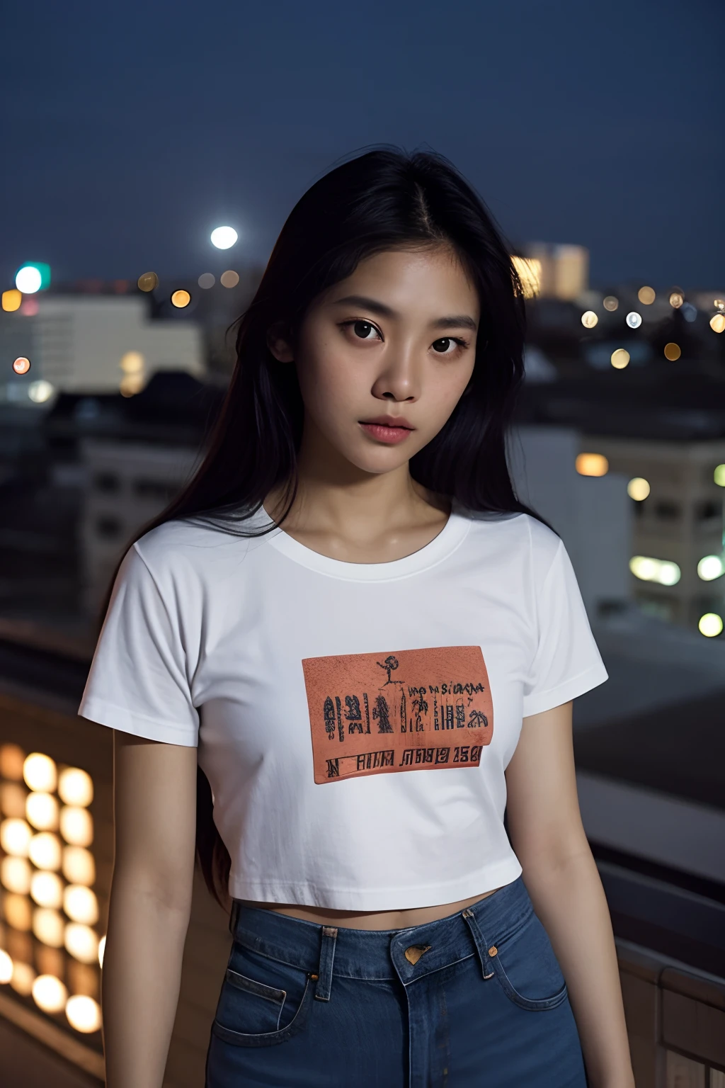 Thai Girls, look at viewer, long-haired, t-shirt , Jeans, (Town Rooftop), grain of film, rim lights