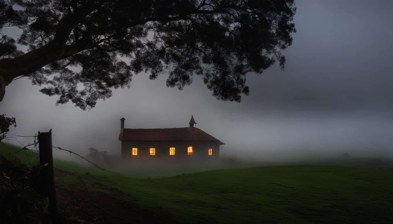 "Descreva uma imagem de uma fazenda isolada em uma noite de lua cheia, Where the atmosphere is charged with suspense and terror. Detalhe a casa principal, rodeada por uma cerca de madeira quebrada, with a dense mist hovering over the terrain. Highlight the lighting breaks coming from a window in the house, revelando sombras sinistras e figuras misteriosas no terreno. Describe the howling wind and the unsettling children echoing in the darkness. Convey the feeling that something terrible has happened or is about to happen in this haunted location."