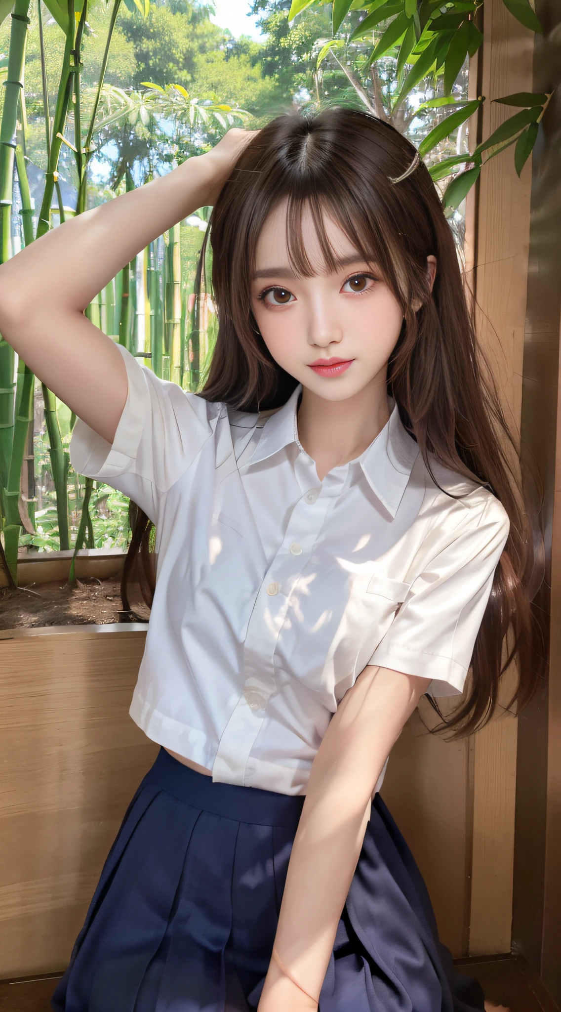 1womanl, (middlebreasts), light brown hair, Blunt bangs, hair behind ear, hair over shoulder, (Long hair),wetting hair,( slender body shape), (Ultra Fine Face), Delicate lips,(beautidful eyes), thin blush, Brown eyes, (shinny skin, flawless skin :1.3),hide one's hands,(white shirt, Dark blue flared skirt),(Japan Schoolgirls),(Posture with armpits wide open:1.3),Smile,,bustshot,(bamboo forrest:1.5)