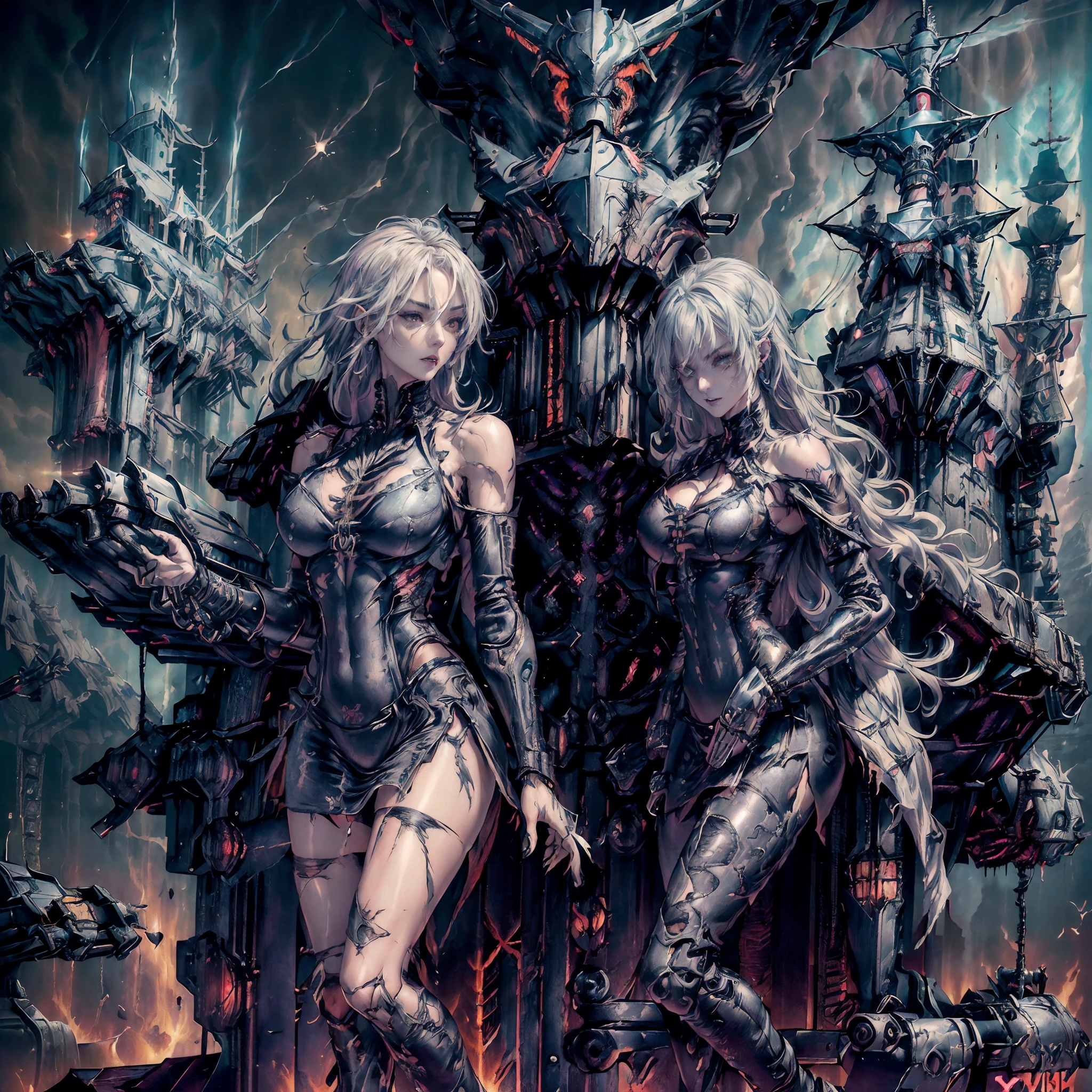Cinematic lighting,super detailed skin、Beautiful detailed eyes、Best Quality,cyberpunked,(Alternative、dim colors, Soothing tones:1.3),(Ship and Two Girls:1.5)、NSFW(1beautiful woman、Villain、Detailed beautiful facial features、Tattoos on the face:1.3)a blond(disaster々Leather Tight Suit、Slit skirt、well-shaped breasts、Arms and legs are mechanical、Shoulders and belly button exposed、Ripped clothes:1.5).(Evil Machine Ship、Noah's Ark、In the sky:1.4)(There is a girl ahead、Holding a machine gun in your hands:1.4)(pov from down:1.8)Predawn sky、Broken factory、A lot of mechanical dolls are thrown away(Mechanical Moon:1.2)