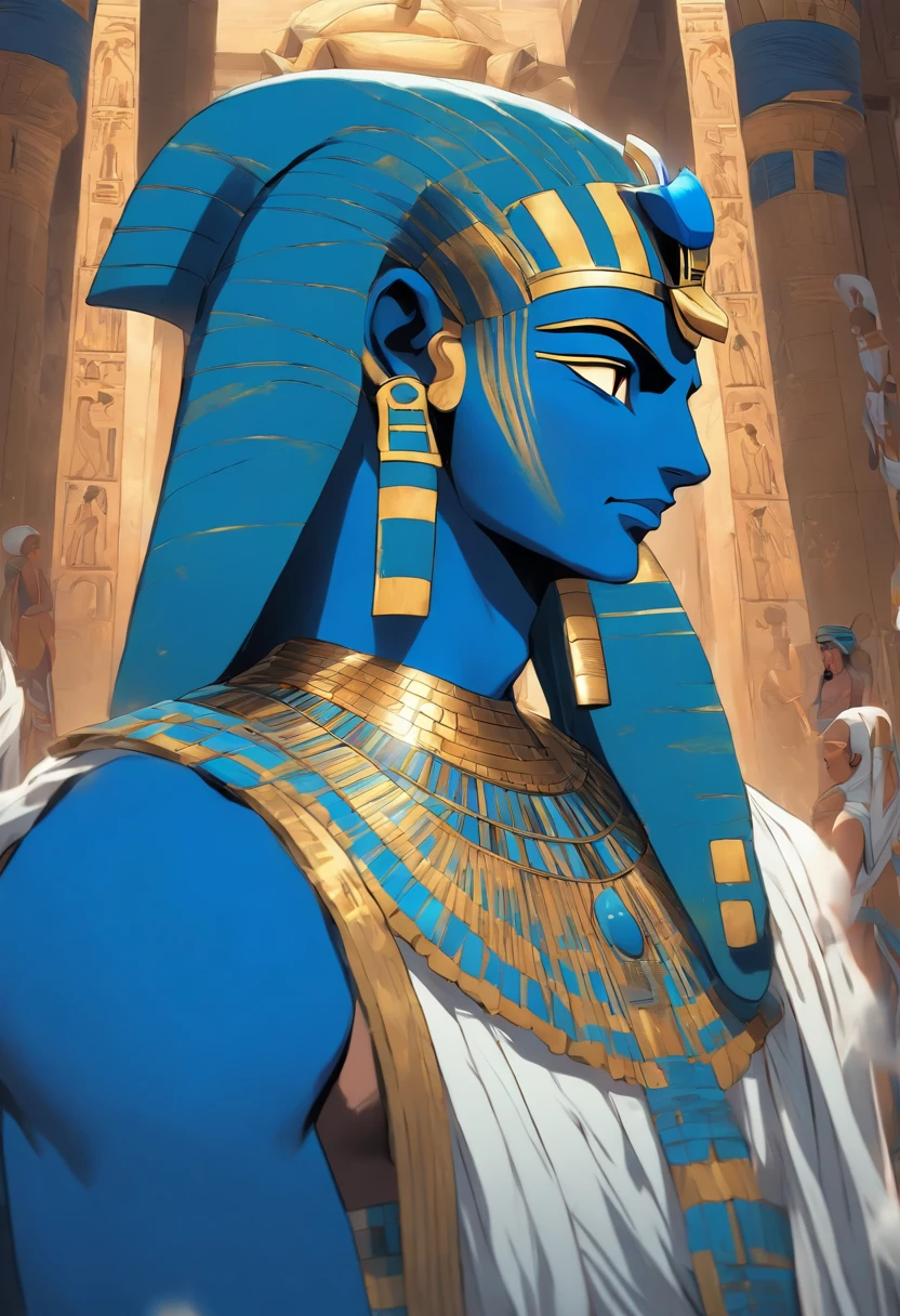 (((Blue adornment))) best quality, very high resolution, 4K detailed CG, masterpiece, Egyptian mythology,Tatenen, Egyptian tomb, Ancient Egypt, standing pose, Egyptian, white clothes, Egyptian clothes, Egyptian temple, desert, Ancient Egypt, ((blue pharaoh)), egyptian palace, aesthetics, beautiful image, centered on screen, standing pose