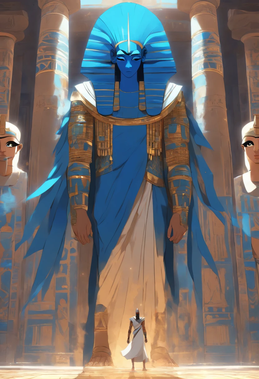 (((Blue adornment))) best quality, very high resolution, 4K detailed CG, masterpiece, Egyptian mythology,Tatenen, Egyptian tomb, Ancient Egypt, standing pose, Egyptian, white clothes, Egyptian clothes, Egyptian temple, desert, Ancient Egypt, ((blue pharaoh)), egyptian palace, aesthetics, beautiful image, centered on screen, standing pose