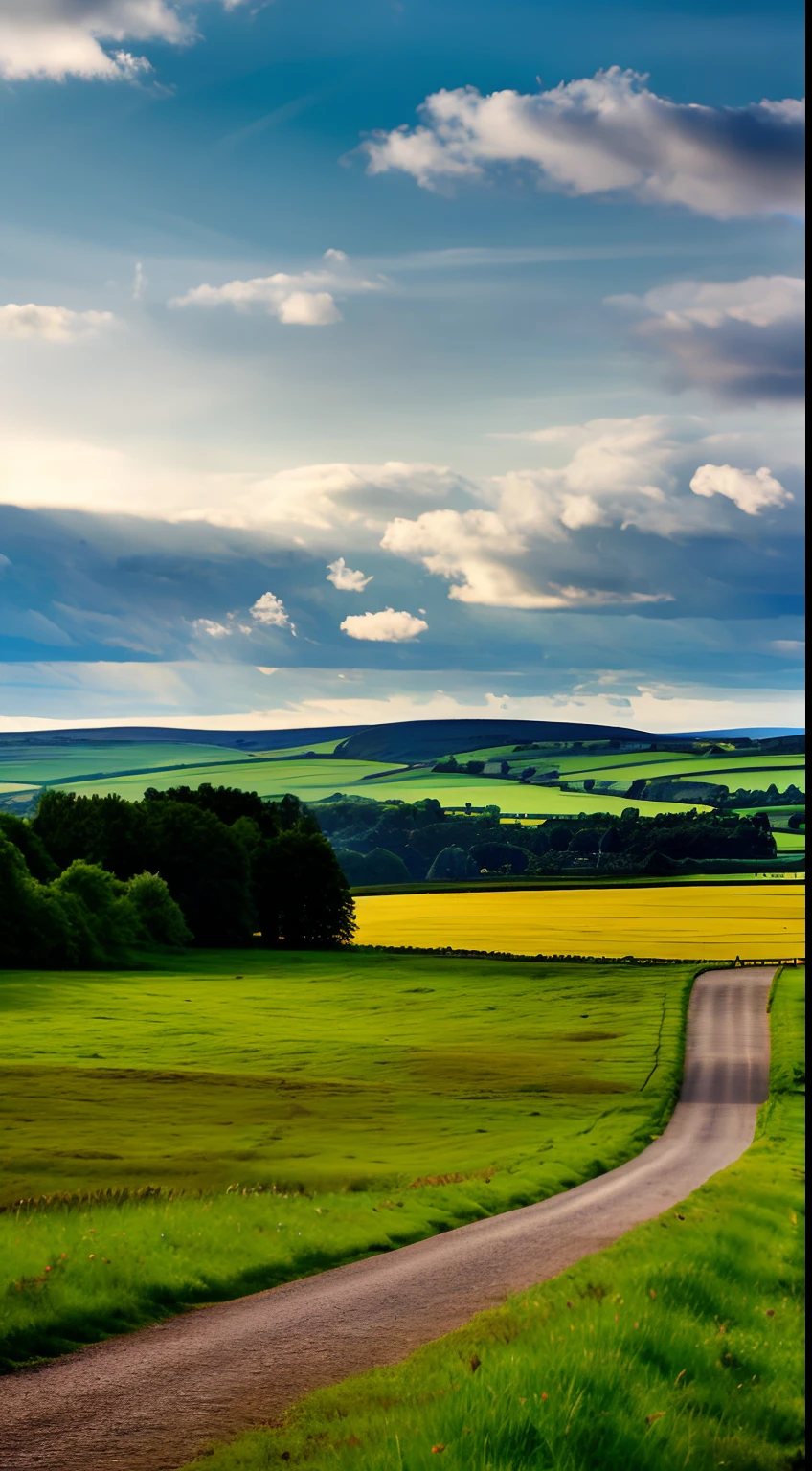 steppe landscape,blues sky and clouds, green forest, Dingdall effect,a country road,Colorful hot air balloons,high quality desktop wallpaper, verdant forest, detailed fields nature, beautiful english countryside, Stunning landscape, Rolling hills, Landscape wallpaper, lush countryside, Patches of green forest, breathtaking landscape, green fields in the background, High quality wallpaper, Beautiful wallpaper