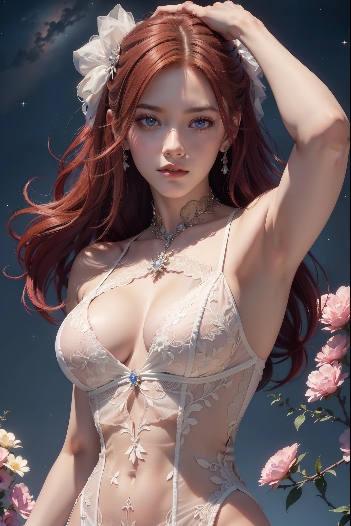 "(((obra-prima))), melhor qualidade, ultra-detallhado, High resolution CG image with a beautiful woman with red hair with bright violet eyes like detailed constellations, retratados em detalhes fascinantes. rosto delicado, closed lips and realistic eyes, His delicate body is accurately represented at every angle. Ela possui longos cabelos ruivos que caem suavemente sobre seu vestido. The upper part of his body is sculpted to perfection. "