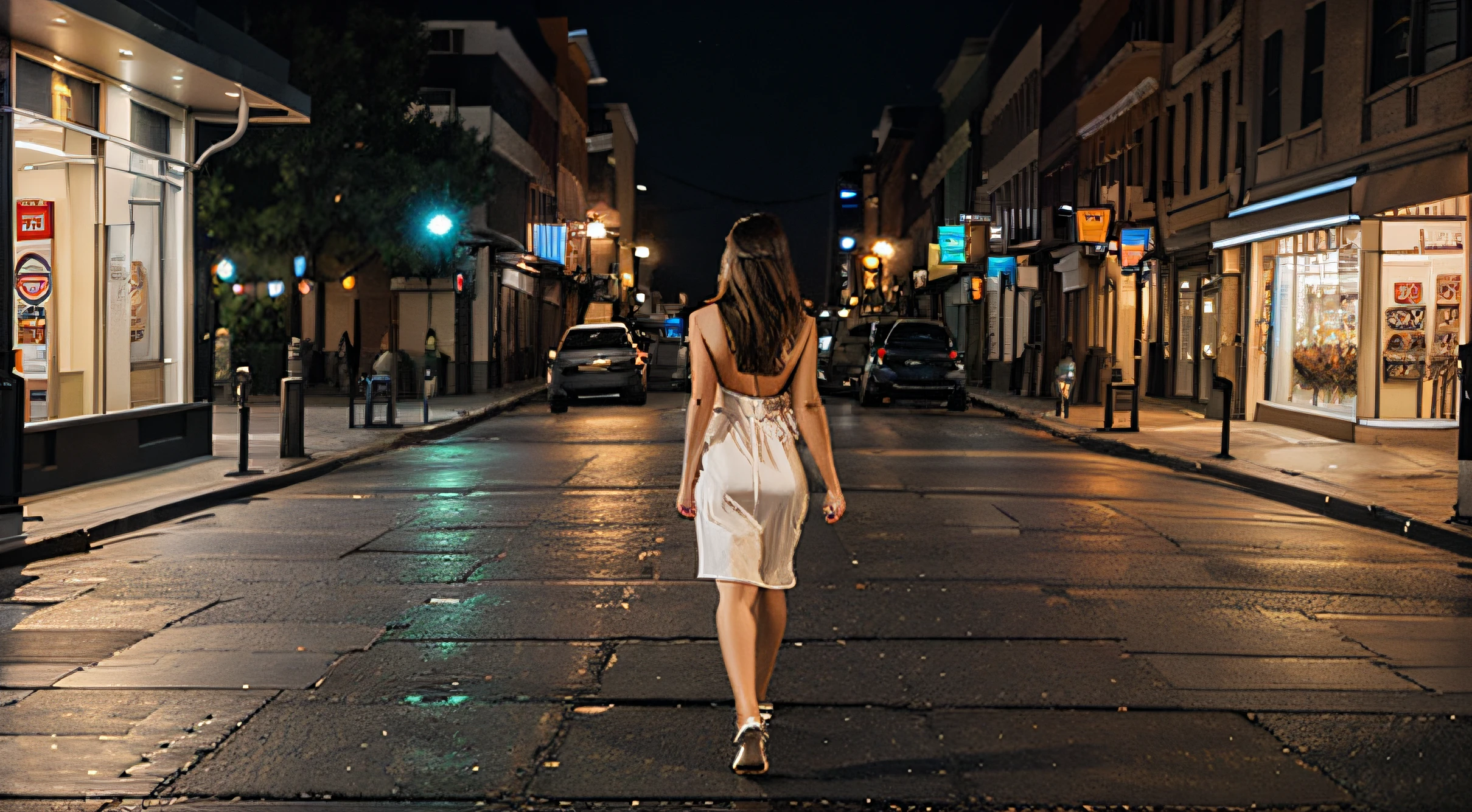 beautiful american woman walking alone in a big street's pavement with no people at night