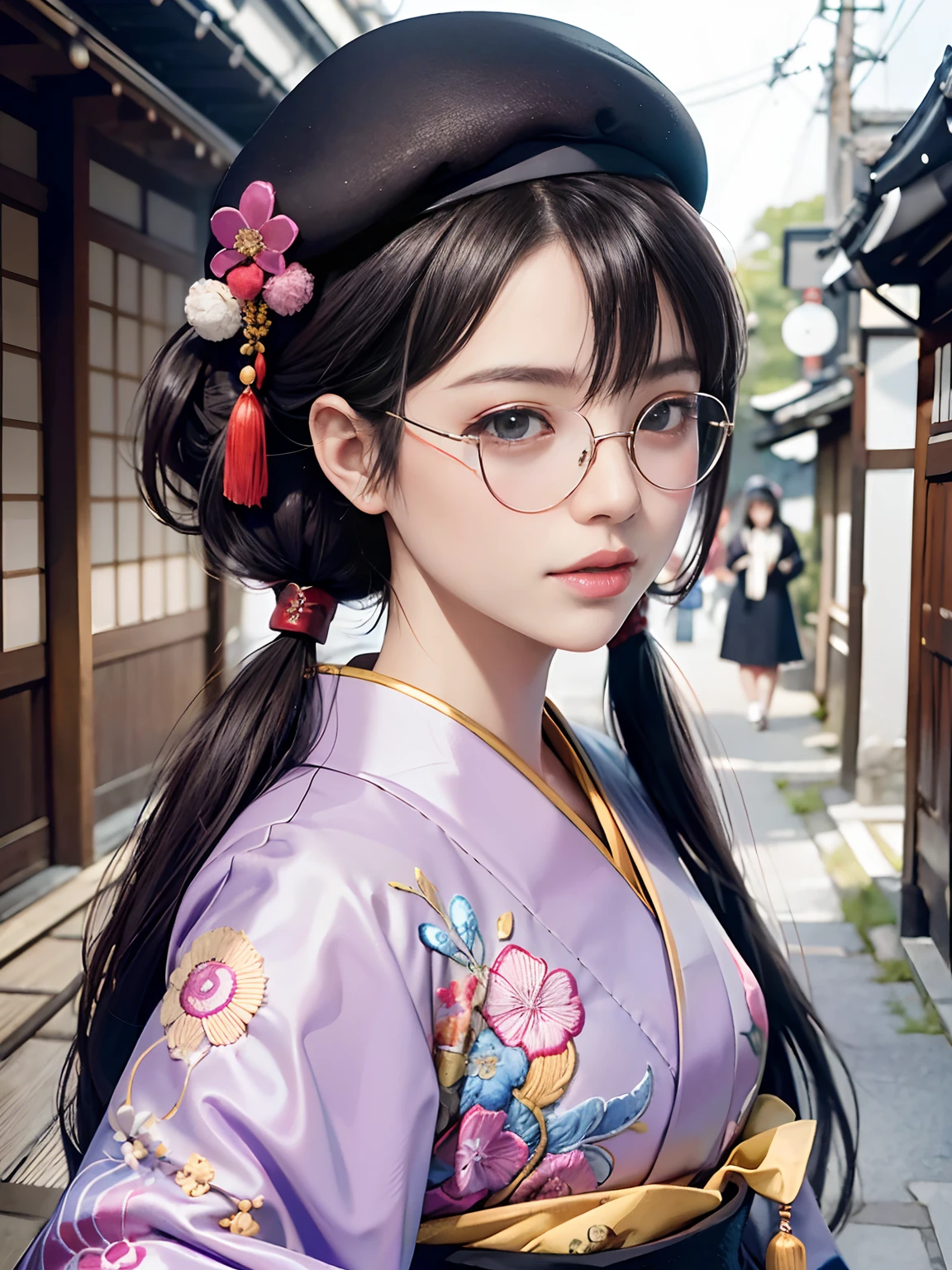 pictureinpicture,Background of details(Alleys in Kyoto),elaborate costume(Luxury kimono(Colorful kimono(detailed embroidery))),BREAK 1 Beautiful and Classy Adult Woman(Japanese actressl:1.2)(glossy dark hair(beret),(poneyTail:1.2)),(eye glasses:1.2), Wallpapers 16K,Blur the background,(masutepiece:1.5), (Best Quality:1.5),(Portrait photos:1.5),full body Esbian