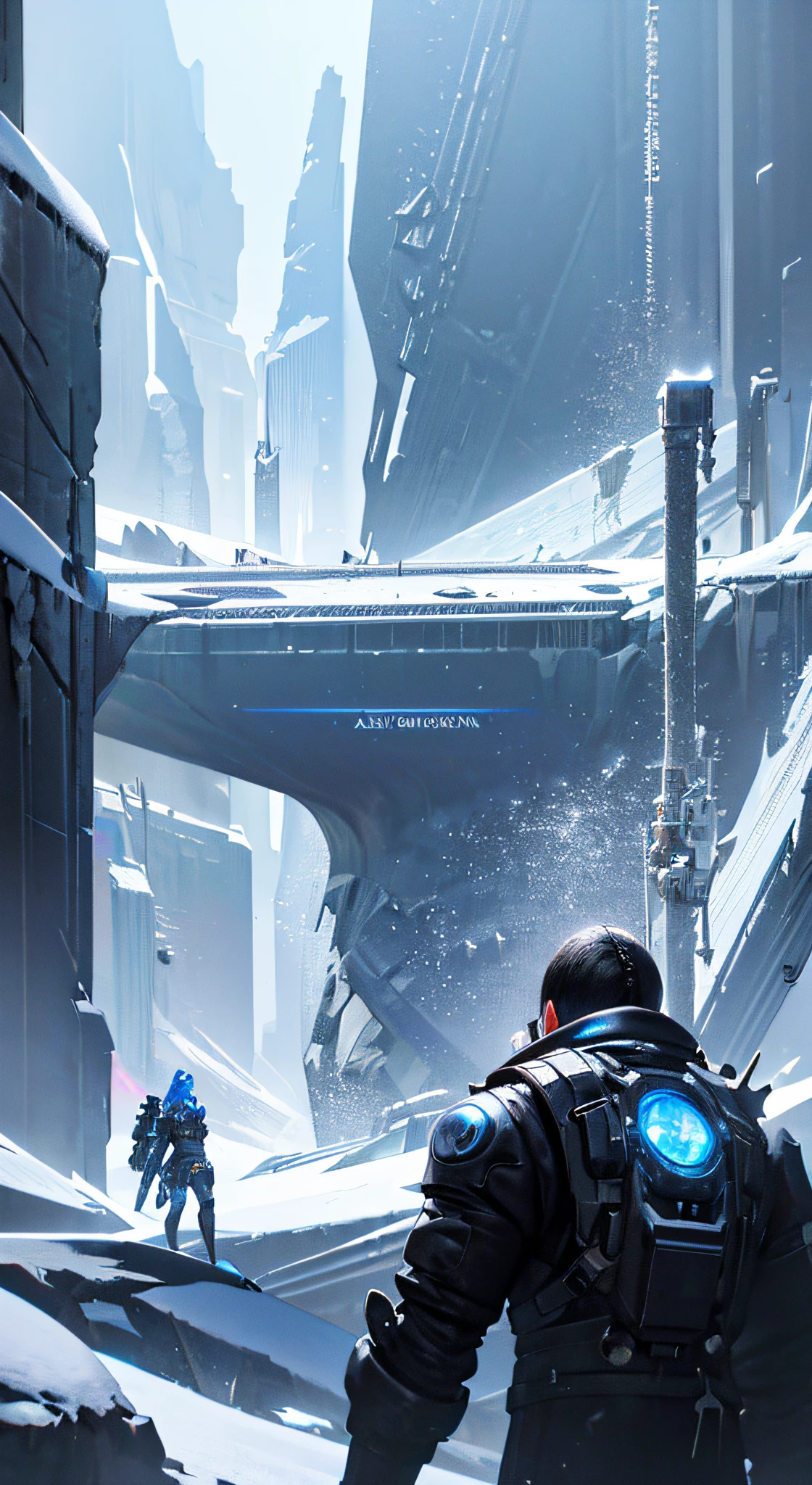 Cyberpunk, mechanical, broken, there is a picture of a very large iceberg, cyberpunk, mechanical, broken, with a lot of snow, dungeon background, icicle background, arena background, game background, dark dark cave background,