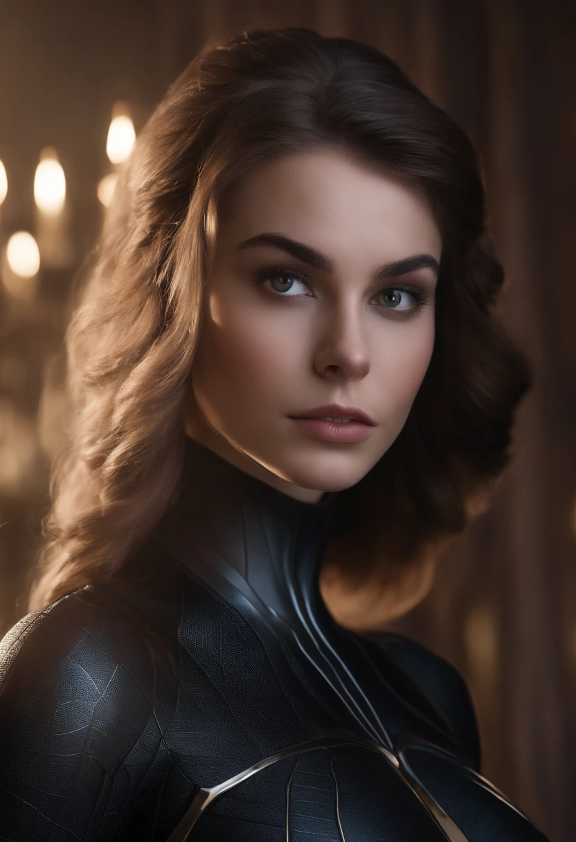 Rapariga, 14 anos, cabelos castanho escuro, foto realista, pale skinned, traje preto fantasia, traje spidergirl, beautiful face, symmetrical face, Julia Carpenter, Black eyelashes, large iris, pupila grande, corpo inteiro, corpo sensual, Standing at the back of the room, art-station, 8k, scientific fiction, pastels colors, Marvel.