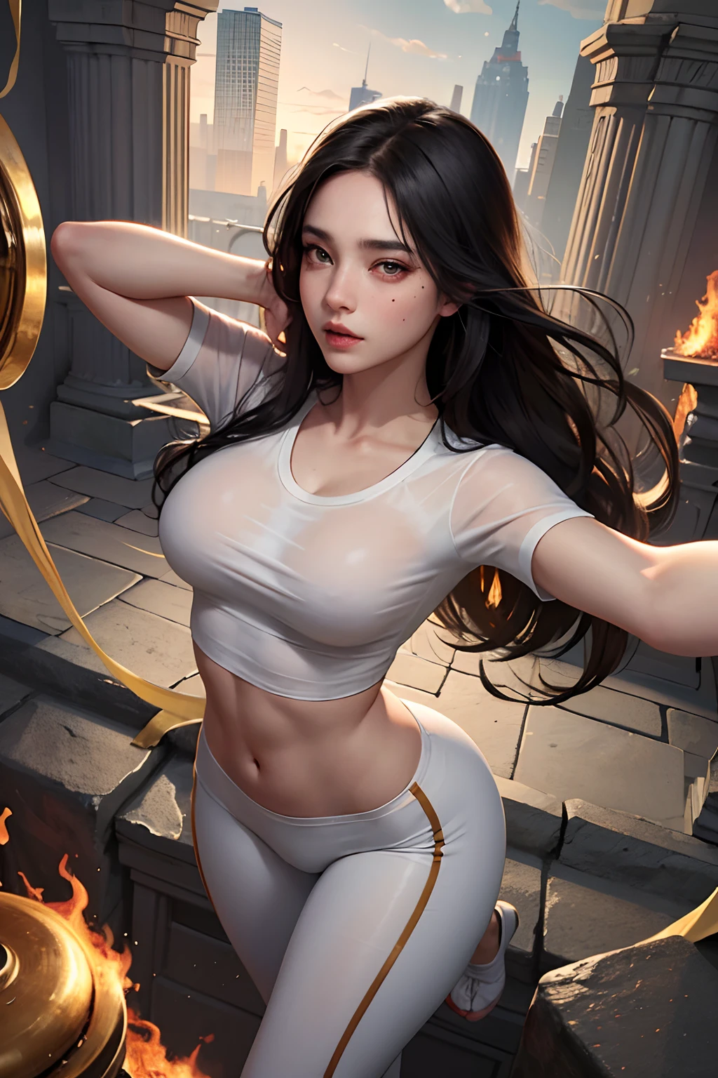 (hyper-realistic), (illustration), (high resolution), (8K), (extremely detailed), (best illustration), (beautiful detailed eyes), (best quality), (ultra-detailed), (masterpiece), (wallpaper), (detailed face), solo 1 girl, wavy black hair, Korean, heterochromic eyes, small moles under the eyes, baggy white shirt, yoga pants, large breasts, long legs, tight abs, camel's fingers, dynamic pose