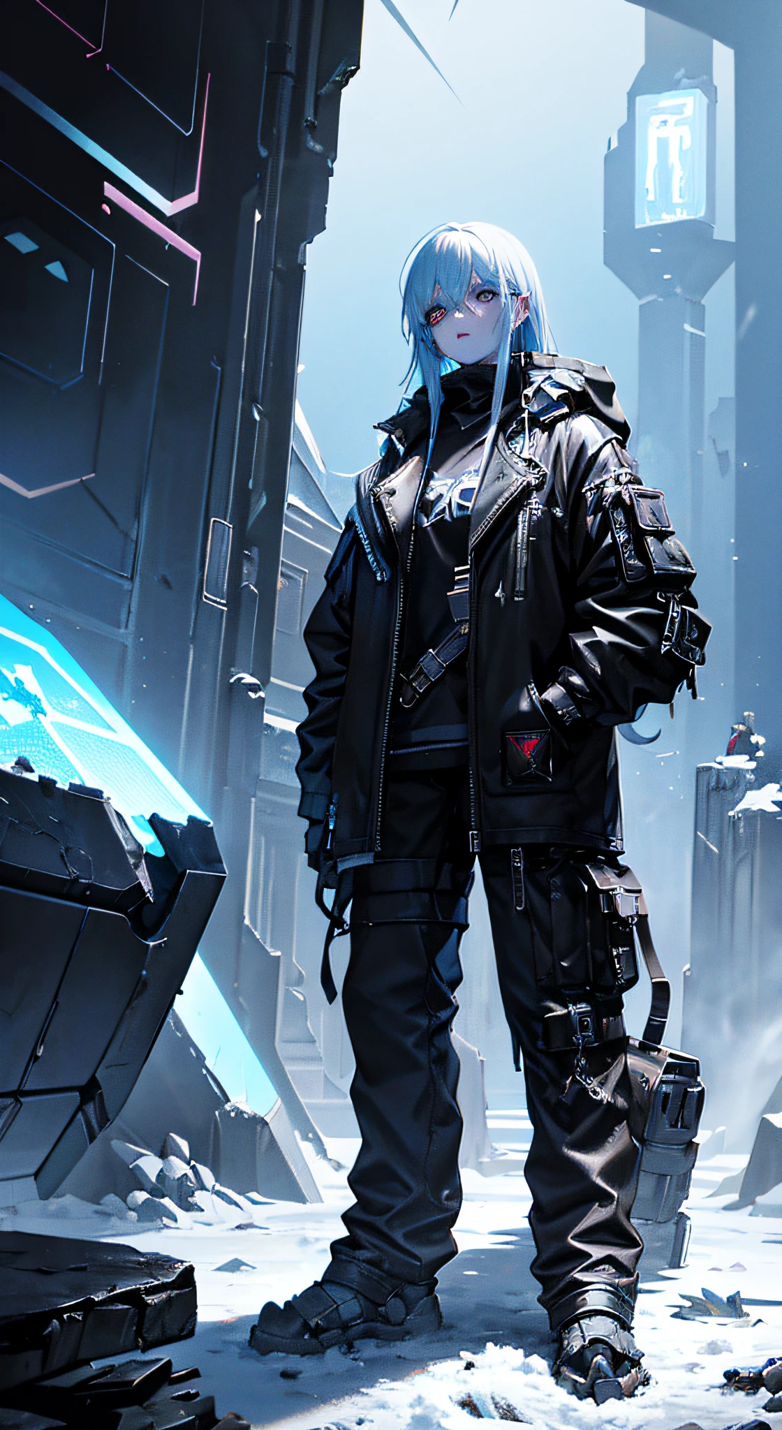 Cyberpunk, mechanical, broken, there is a picture of a very large iceberg, cyberpunk, mechanical, broken, with a lot of snow, dungeon background, icicle background, arena background, game background, dark dark cave background,