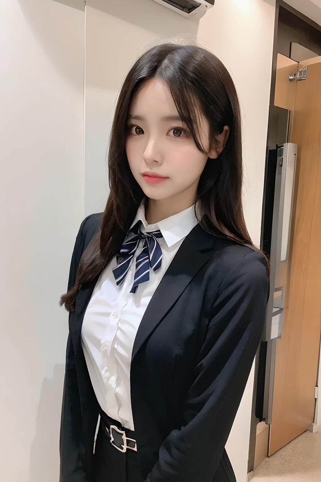 (masutepiece:1.2),High quality,vivd colour,flat-colors,Deep Depth Of Field,Lens Flare,1 girl,Black hair,eyecontact,Suit,Collared shirt,Belt bag,suspenders,Professional,Office Lady,Mature Women,Black Suit,Black jacket,Gaze,ample bosom,Armpit sweat,Exposing the armpits"Pichi Pichi clothes　Cutter shirt　large full breasts 　ceiling　Along the wall　Black jacket