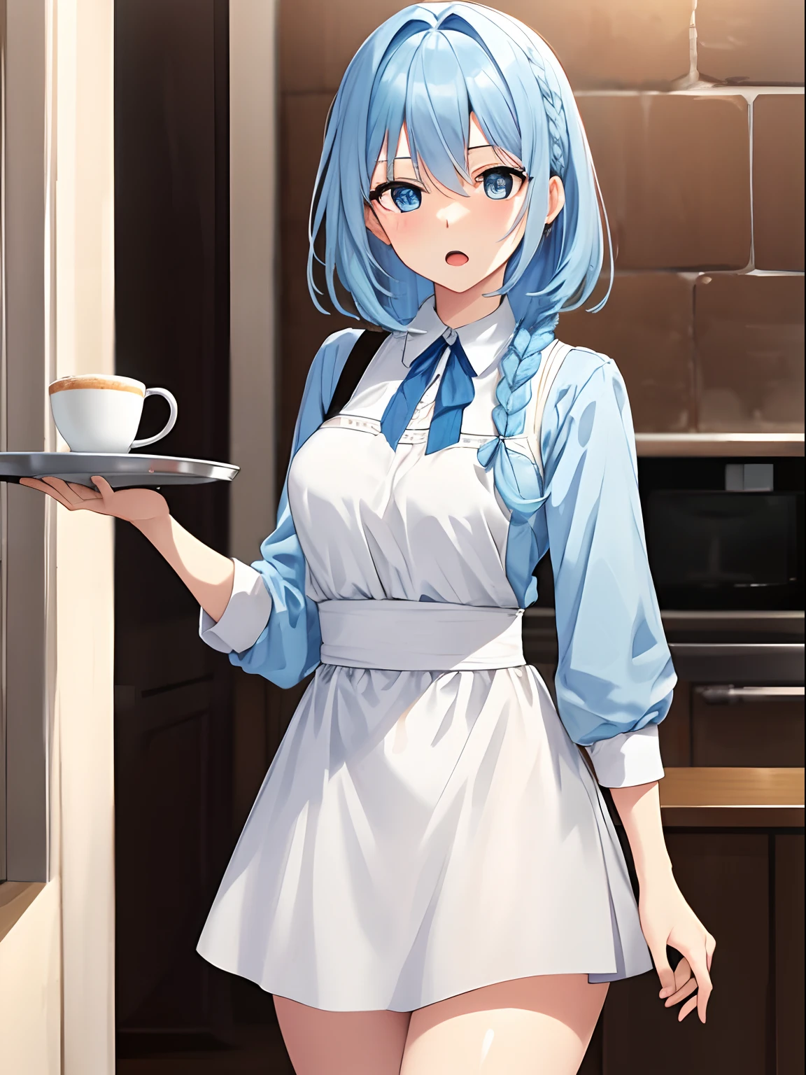 Anime girl with blue hair holding a tray with a cup of coffee - SeaArt AI