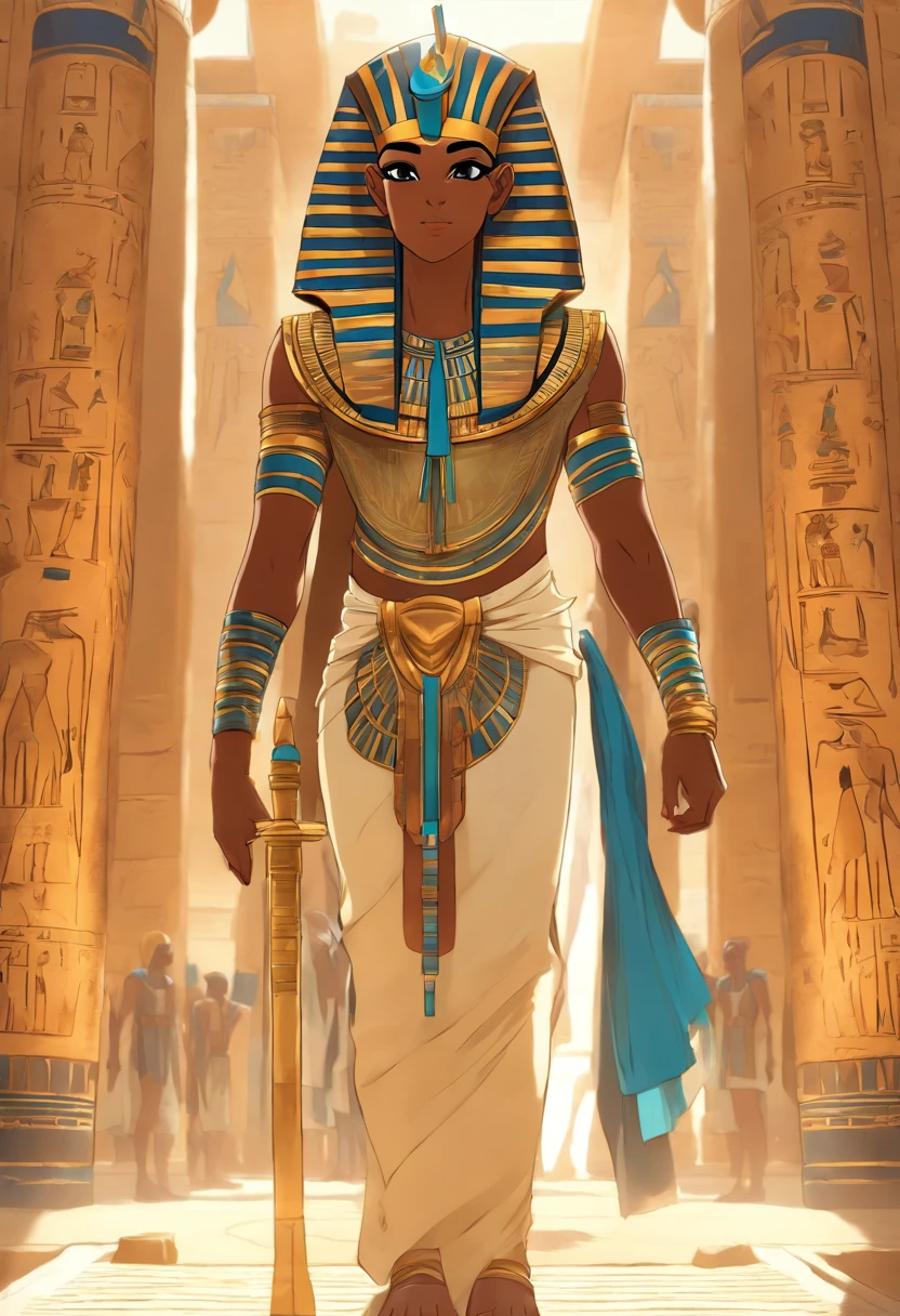 (((Egyptian adornment))) best quality, very high resolution, 4K detailed CG, masterpiece, Egyptian mythology,Tatenen, Egyptian tomb, Ancient Egypt, standing pose, Egyptian, white clothes, Egyptian clothes, Egyptian temple, desert, Ancient Egypt, ((blue pharaoh)), egyptian palace, aesthetics, beautiful image, centered on screen, standing pose